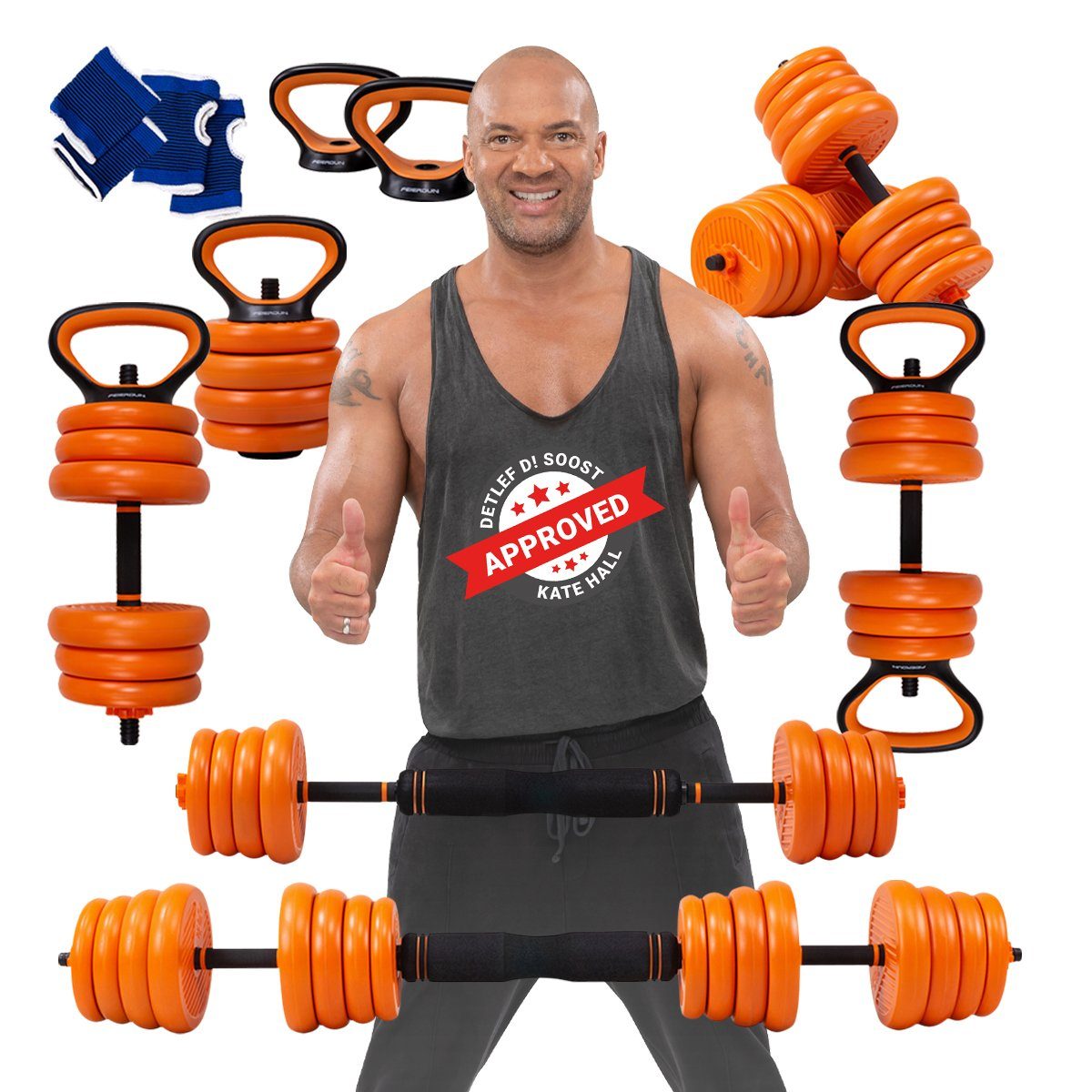 Miweba Sports Hantel-Set Premium FED 8in1 Hantel Set - 20/30 kg, (2,5-20 kg - Kurzhanteln Langhantel Kettlebell-Set Liegestützgriffe - 2 Farben - Betonfüllung - Stahl - Krafttraining Muskelaufbau Workout), Fitnesshanteln Gewichte Fitness Training Han