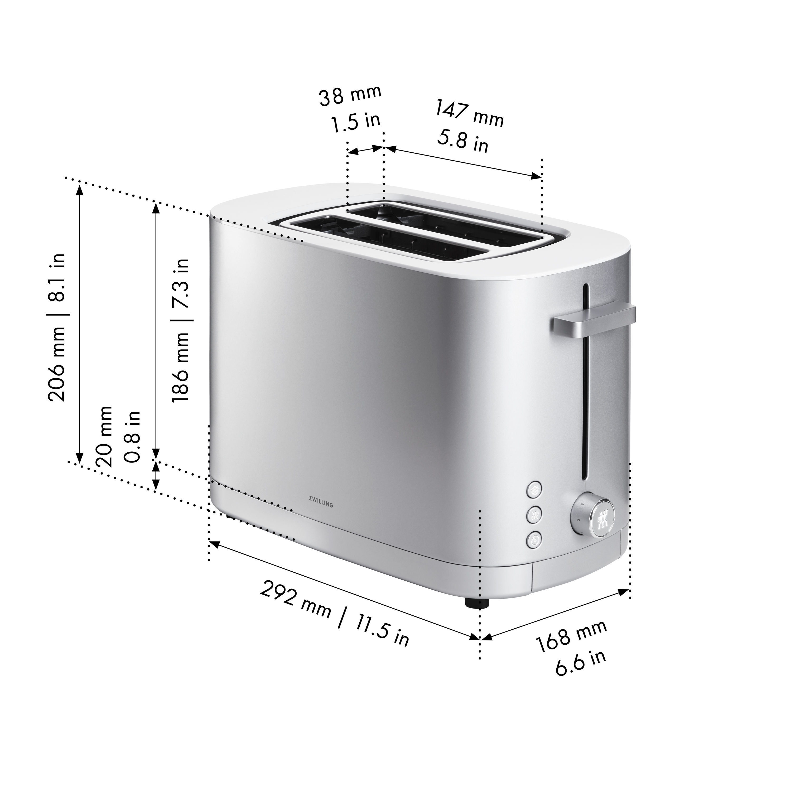 Toaster mit Brötchenaufsatz, 2 Schlitze kurz, Silber