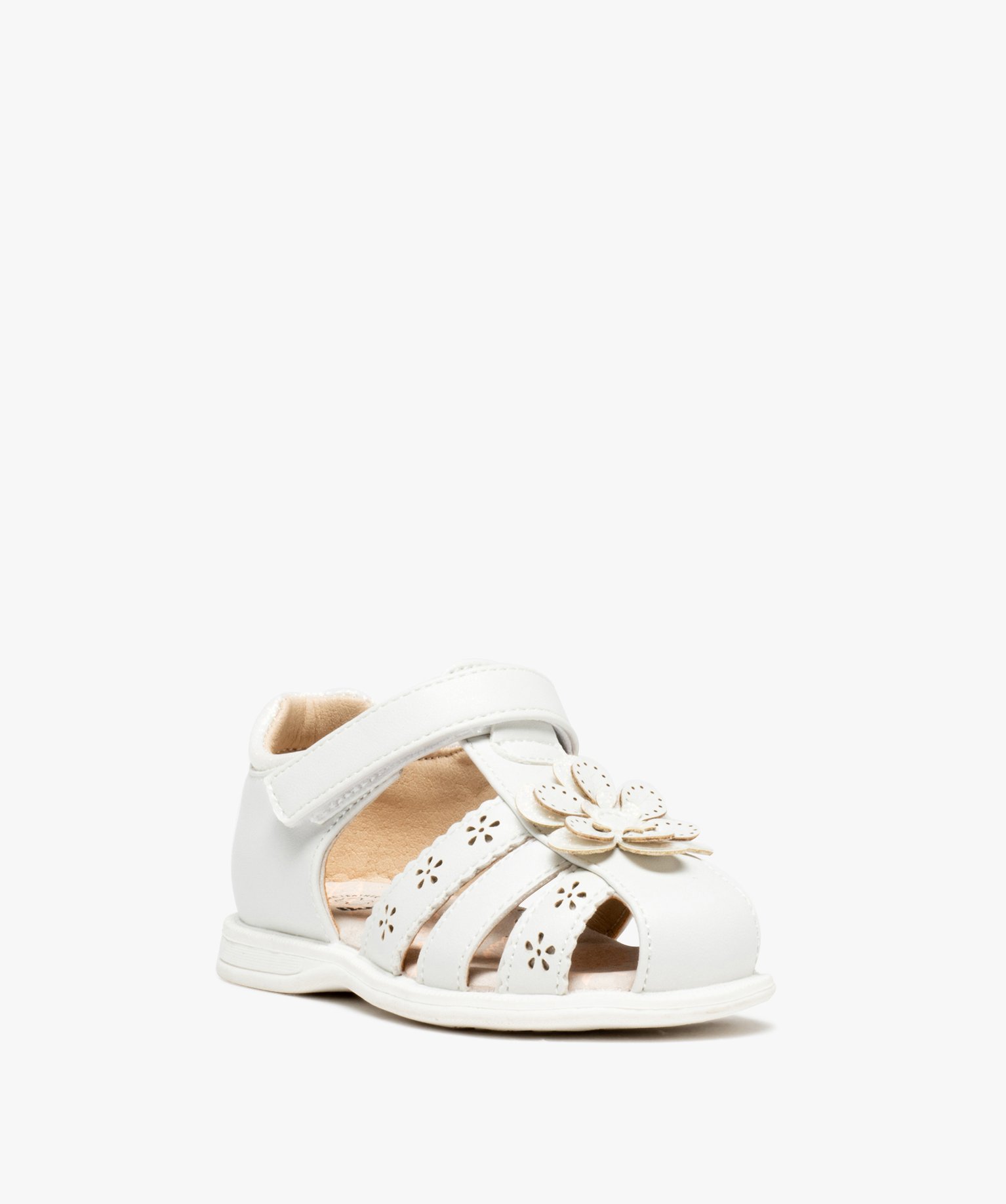 Sandales bébé fille à brides ajourées et fleur en relief blanc | GEMO