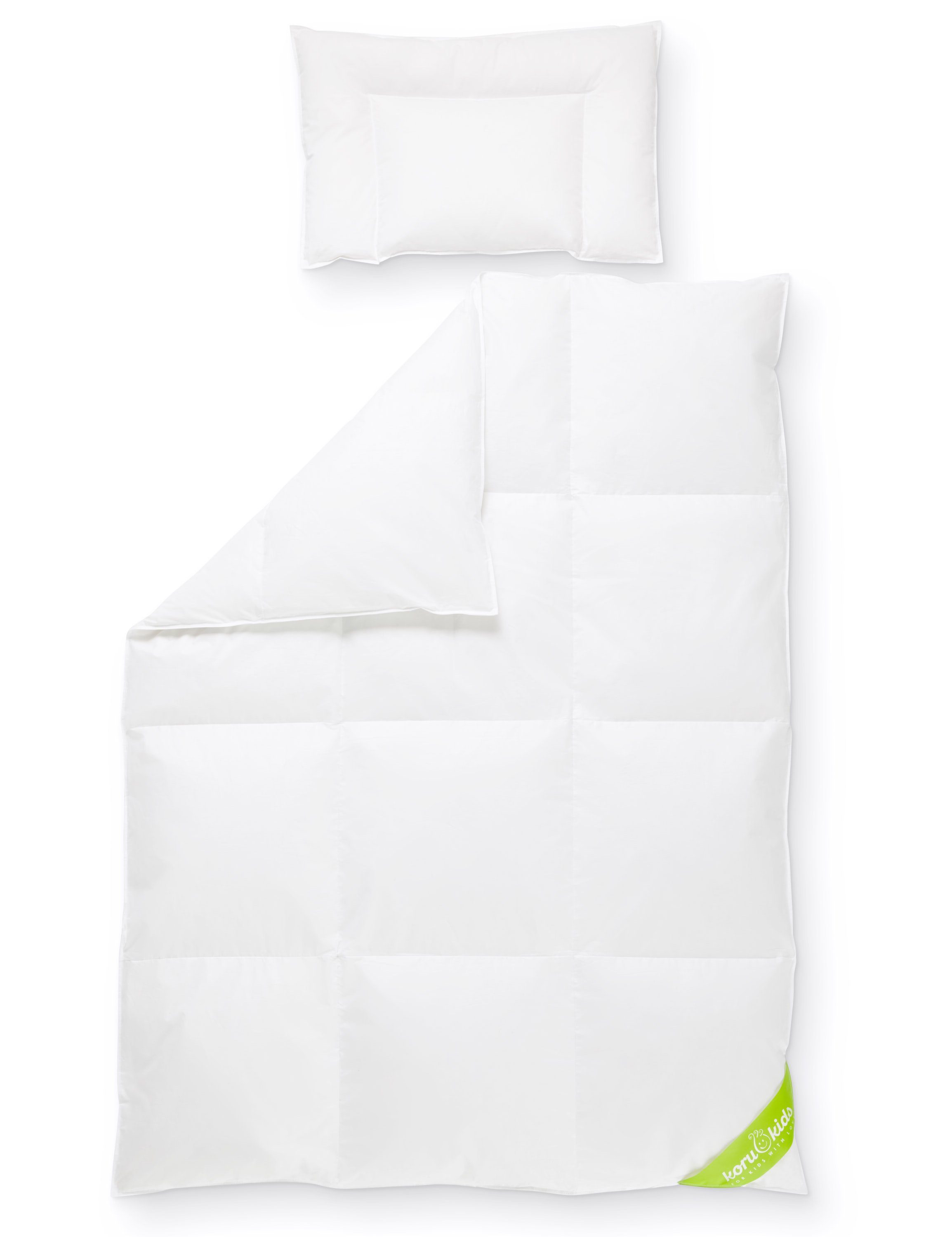 Kinderbettdecke + Kopfkissen, Daunen Kinderbettdecke 100x135 Set mit Kissen, Koru Kids, Füllung: 100% neue deutsche Entendaunen, made in Germany, waschbar bis 60°, natürliches Schlafen für Ihr Kind