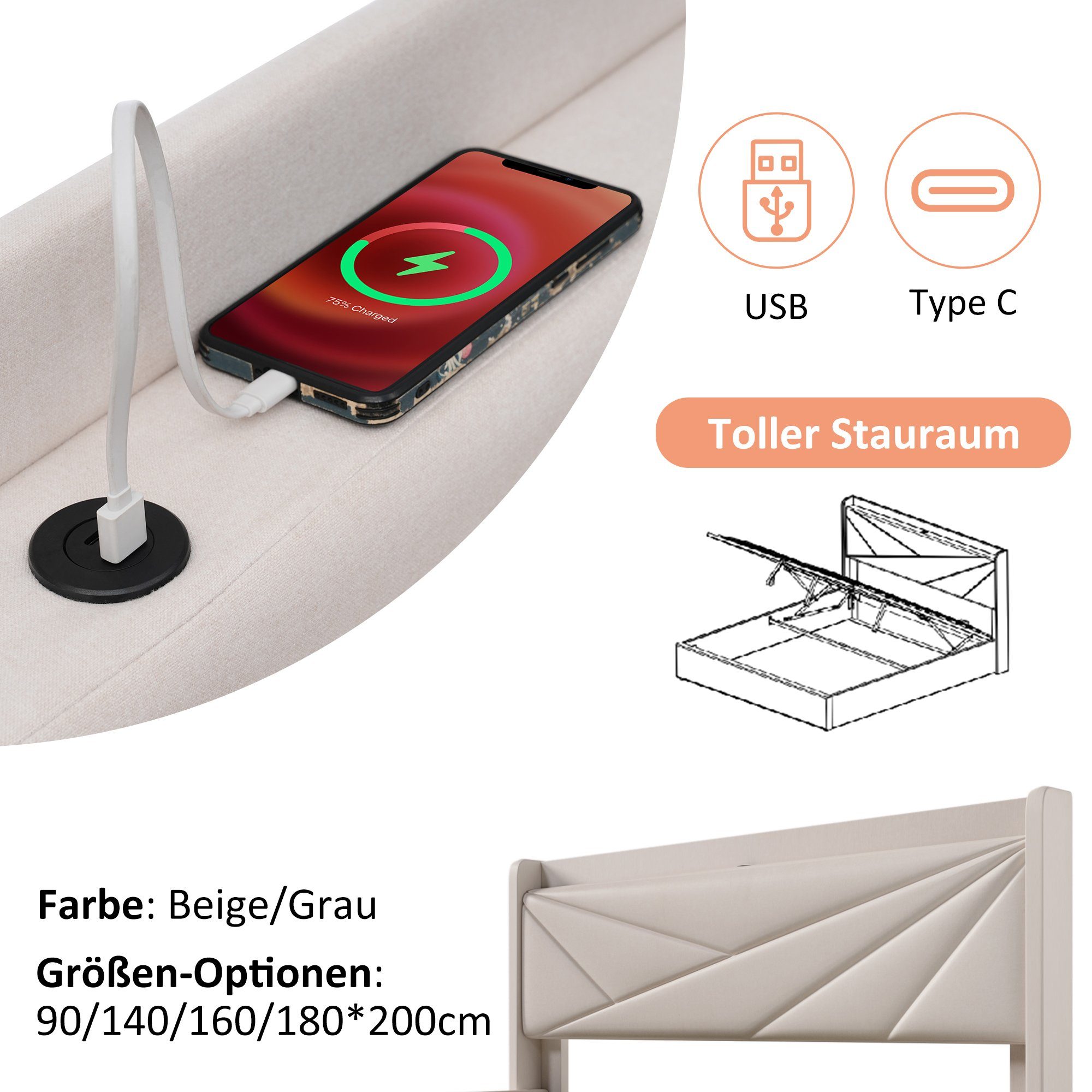 PHOEBE CAT Polsterbett (Funktionsbett Hydraulisches Bett mit Lattenrost), Stauraumbett 90x200cm mit USB Typ C Ladefunktion Kopfteil, Leinen