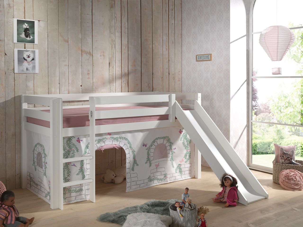 VIPACK Spielbett Pino inkl. Rutsche mit Textilset Vorhang 