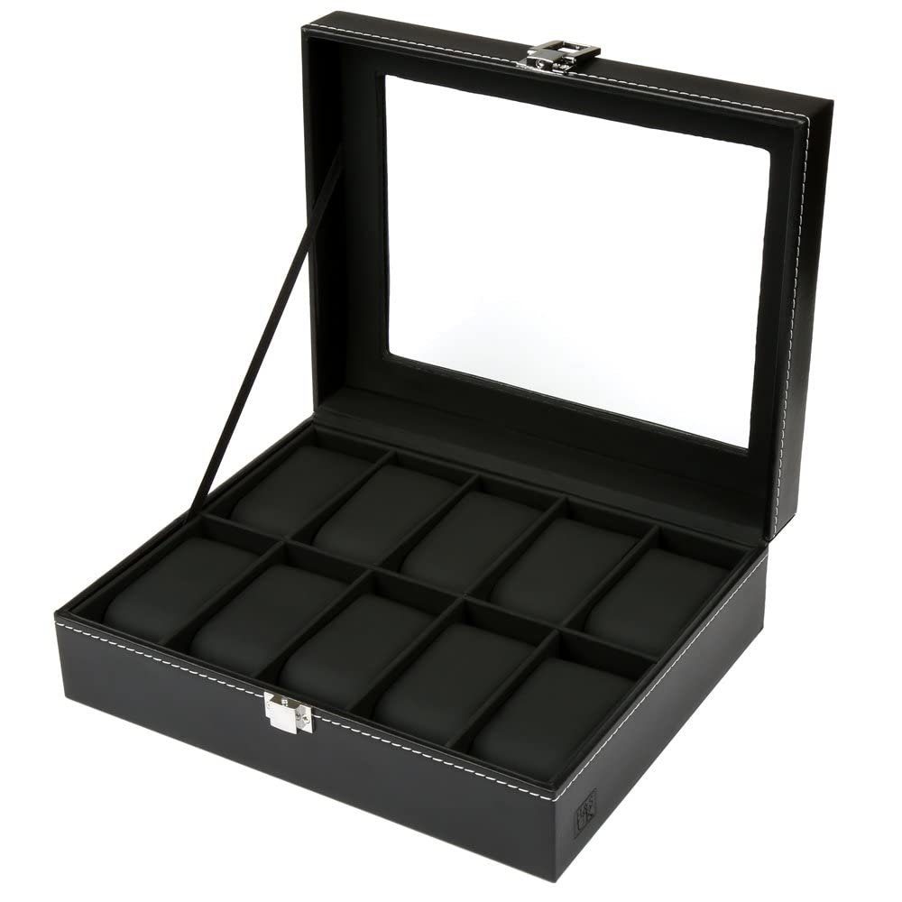 H&S Schmuckständer Uhrenkasten für Männer und Frauen - Schwarz, Kunstleder, 10 Uhren, Watch Box for Men and Women - Black, Faux Leather, 10 Watches