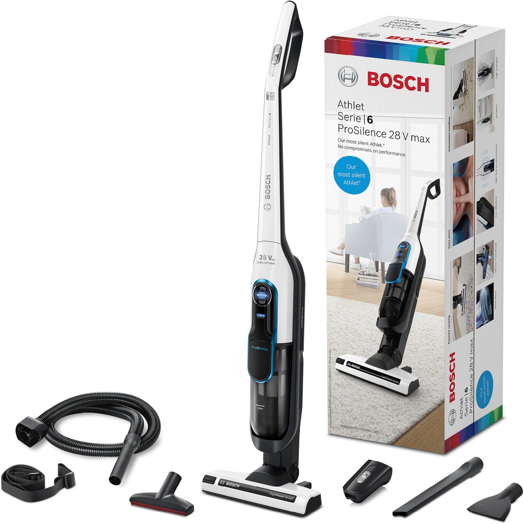BOSCH Akku-Stielstaubsauger Athlet BKH86SIL1, ProSilence 28V, beutellos, extra leise, inkl. Zubehör-Set, 60 Min. Laufzeit