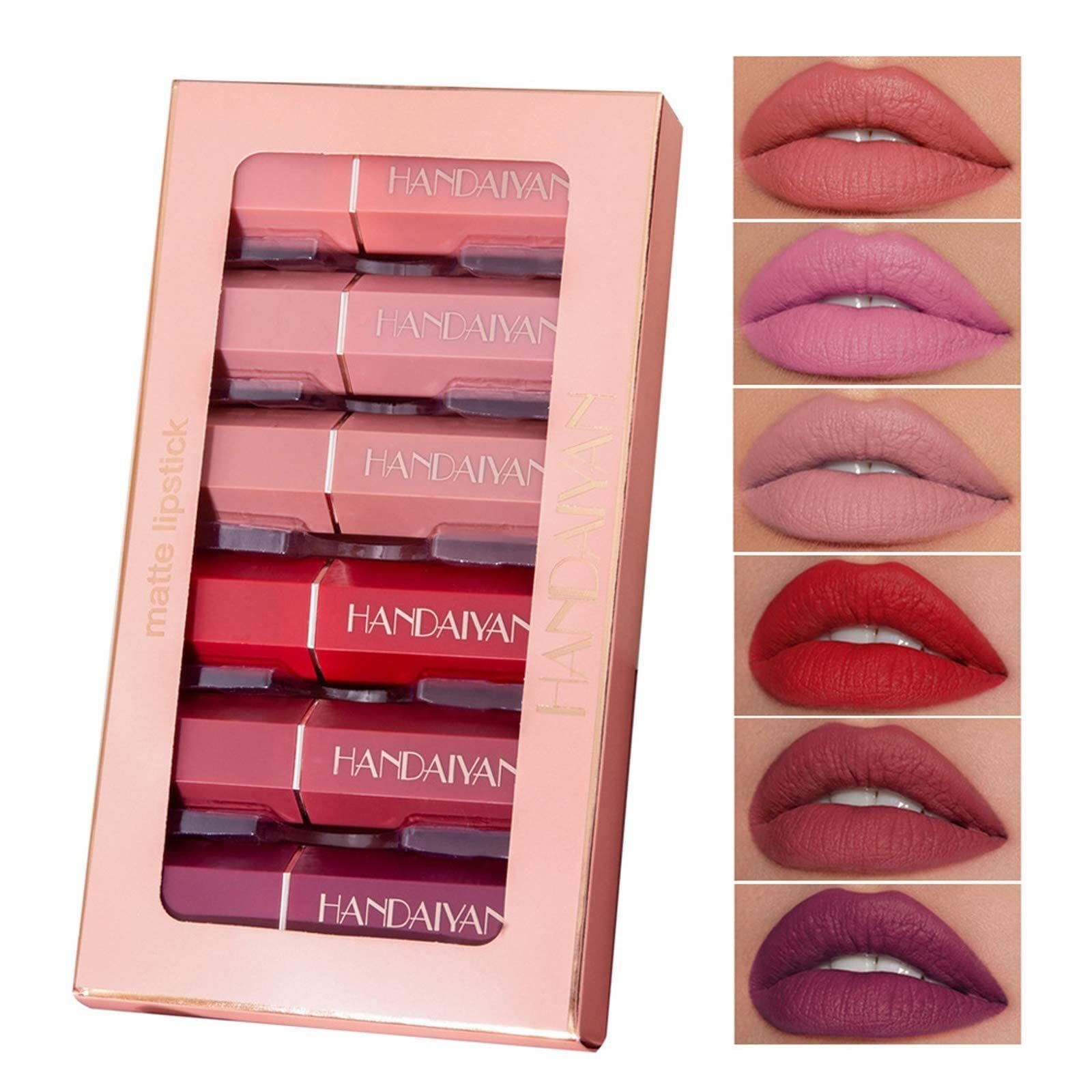 Haiaveng Lippenstift-Set 6 Farben Wasserdicht Matt Flüssiger Lippenstift Set, 6-tlg., Wasserdichte Langlebige Lipgloss Antihaft-Tasse