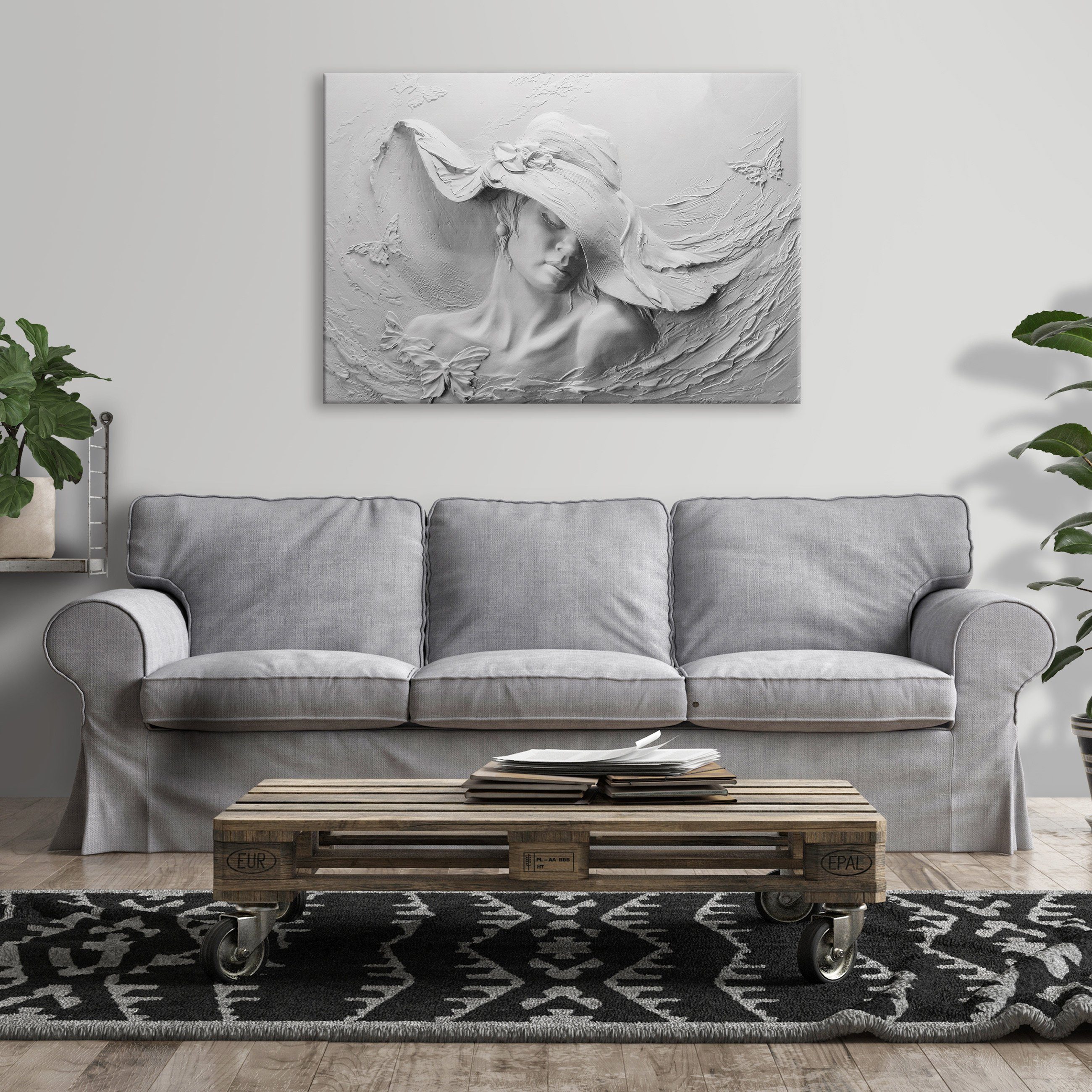 Wallarena Leinwandbild 3D EFFEKT Frau Beton Skulptur Grau Schmetterlinge Wandbild Groß XXL Wandbilder Leinwandbilder Modern Canvas Kunstdruck Bild Auf Leinwand Bilder für Wohnzimmer Schlafzimmer, (Einteilig), Aufhängefertig