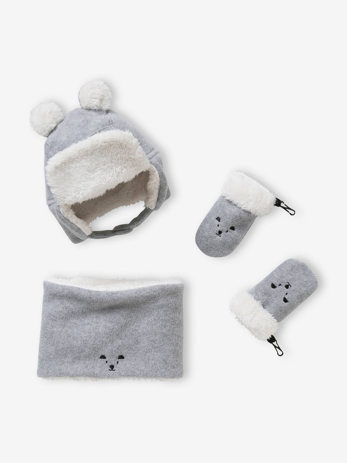 Vertbaudet Baby Strick-Set: Mütze, Rundschal & Fäustlinge, Bär - hellgrau