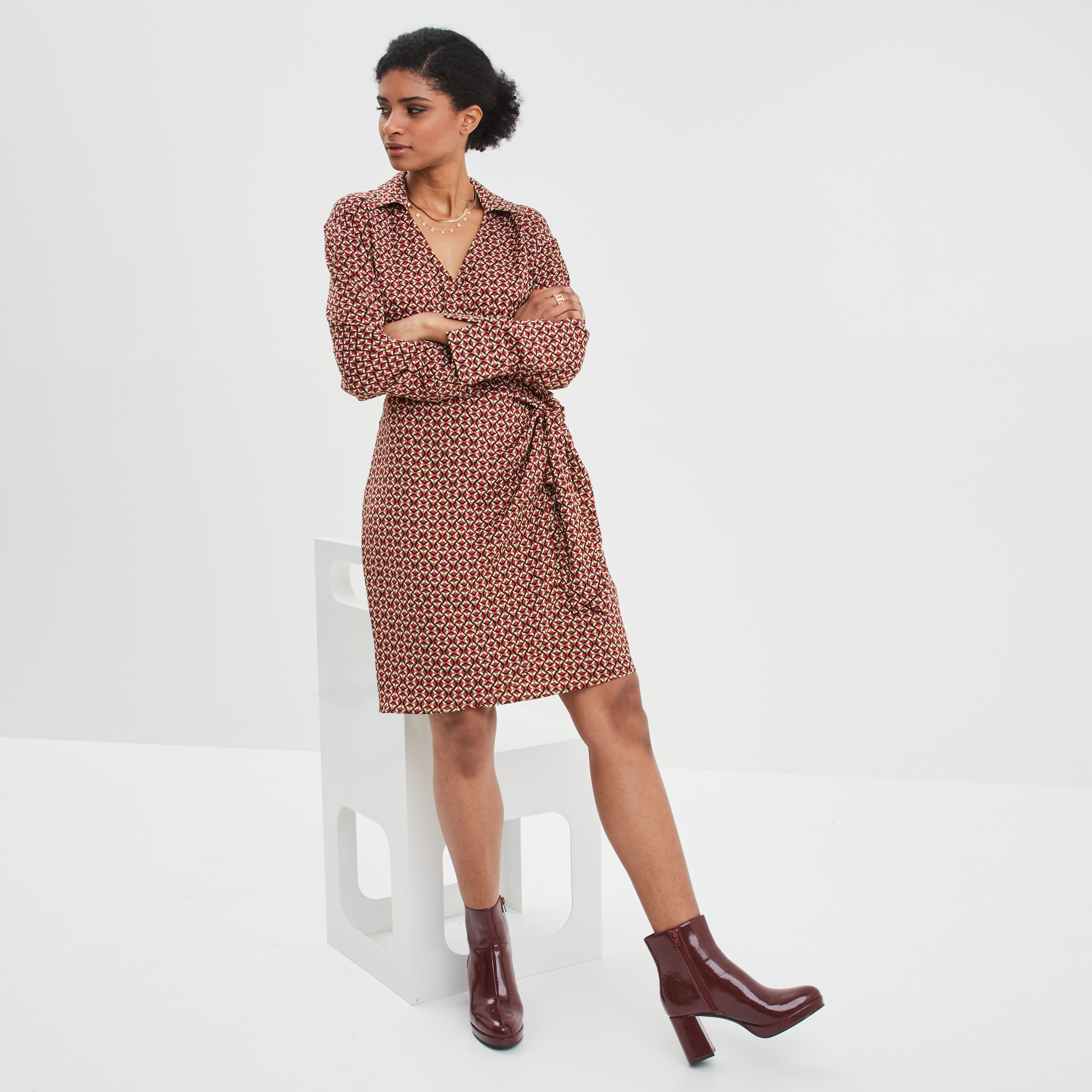 Robe col cache-coeur avec noeud rose fushia femme | La Halle