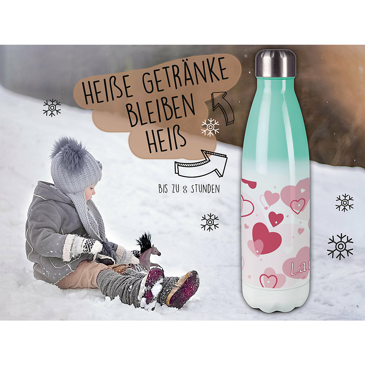 Edelstahl Kinder Thermoflasche / Trinkflasche bunt Herz Farbe rosa Spülmaschinenfest, Auslaufsicher, Bruchfest, Doppelwandig, Für Heißgetränke geeignet, Mit Deckel, Isoliert