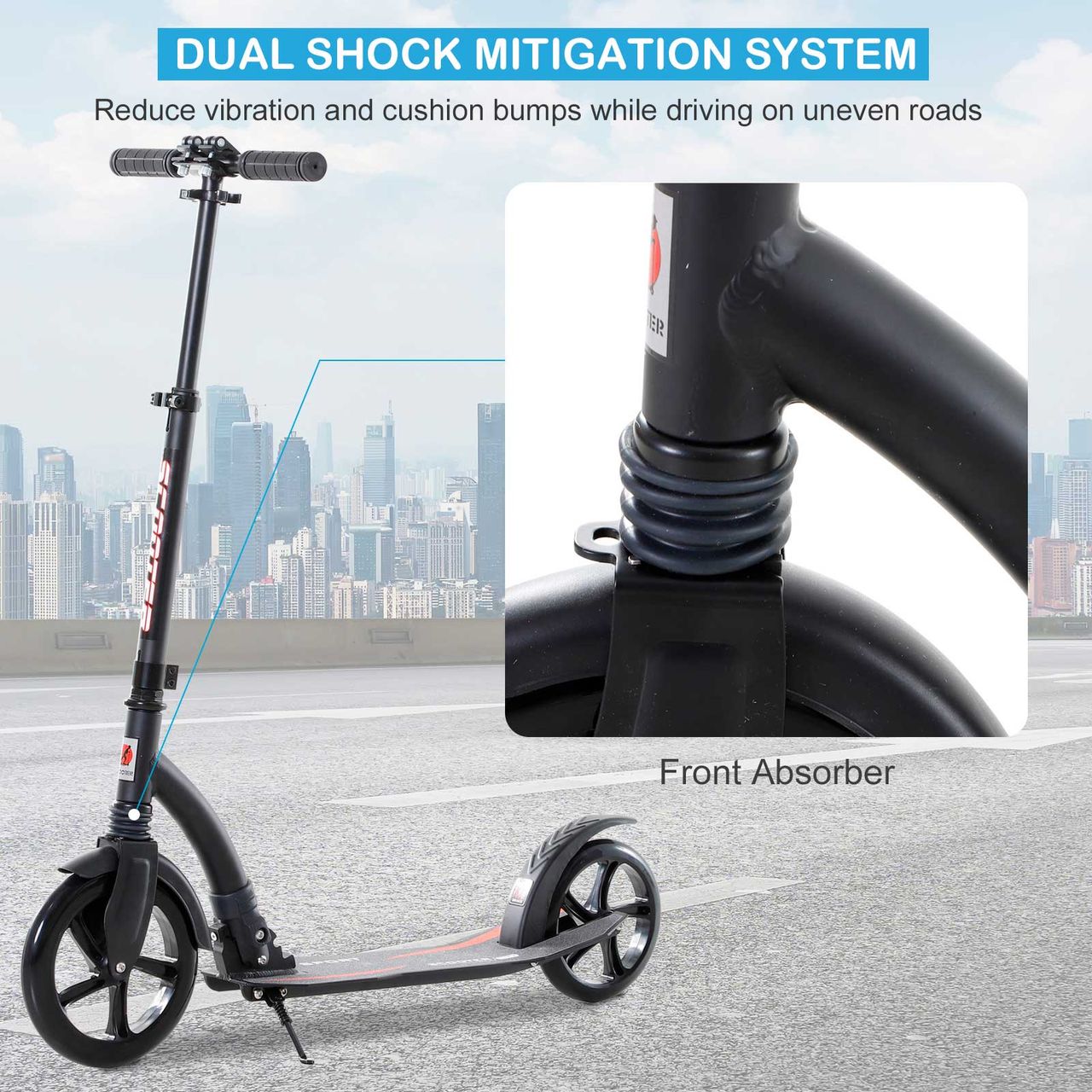 HOMCOM Kinderscooter Kickscooter mit Stoßdämpfung Tretroller Schwarz 92,5 x 37,5 x 87-101,5 cm