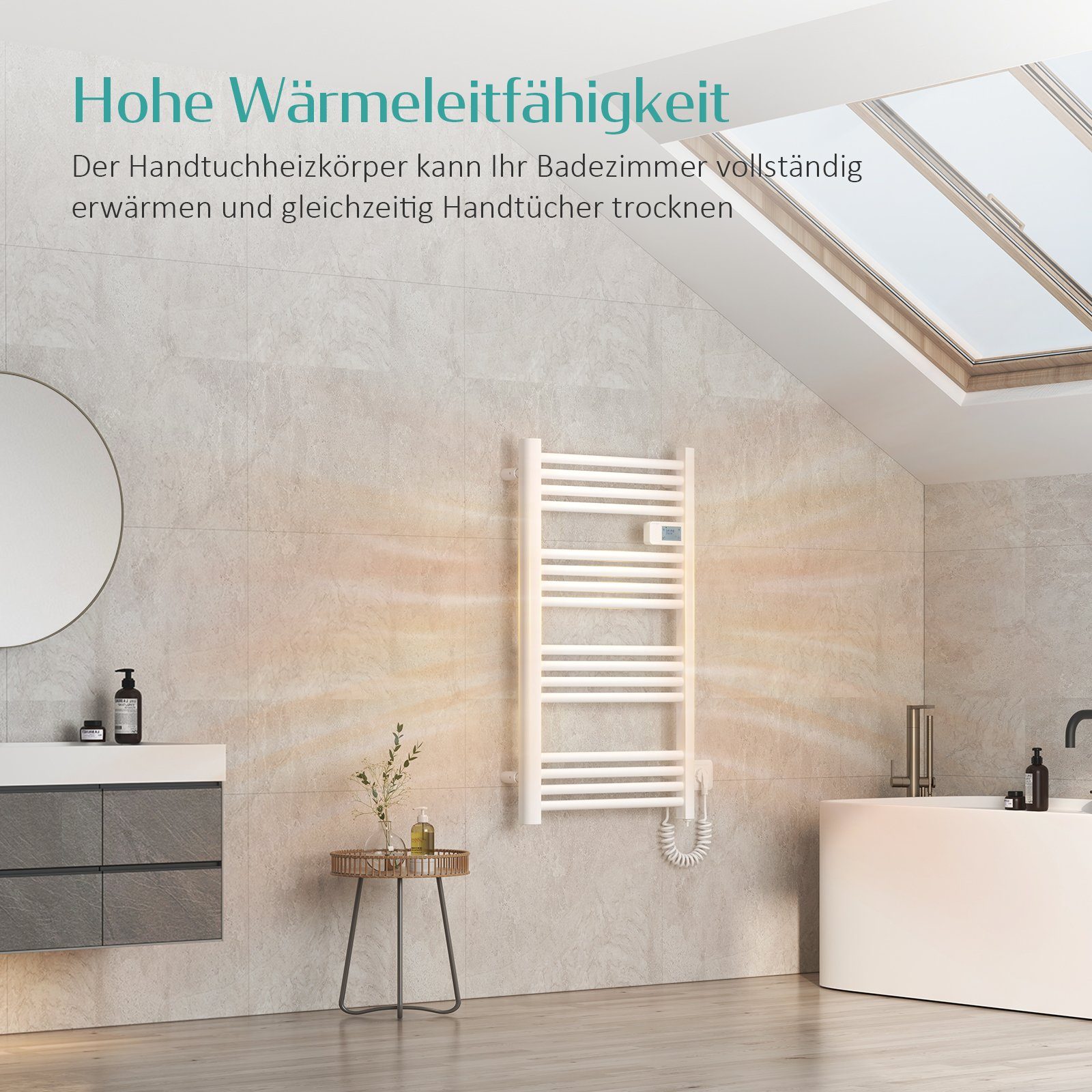 EMKE Elektrischer Badheizkörper Elektrisch mit Intelligenten Thermostat Gerade mit Seitenanschluss, Handtuchwärmer aus Aluminium Handtuchtrockner mit Heizstab