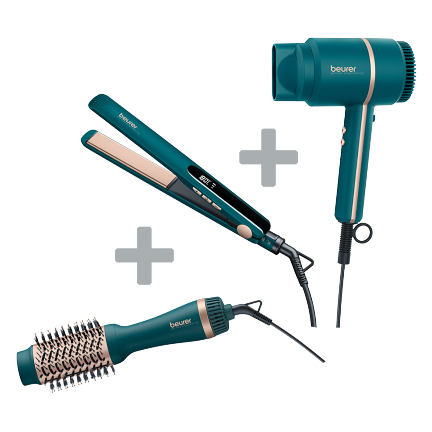 Beurer 2-in-1 Volumen- & Haartrocknungsbürste HC 45 Ocean & HC 35 Ocean Kompakt-Haartrockner & Haarglätter HS 50 Ocean-Das Deluxe-Paket im Ocean Design