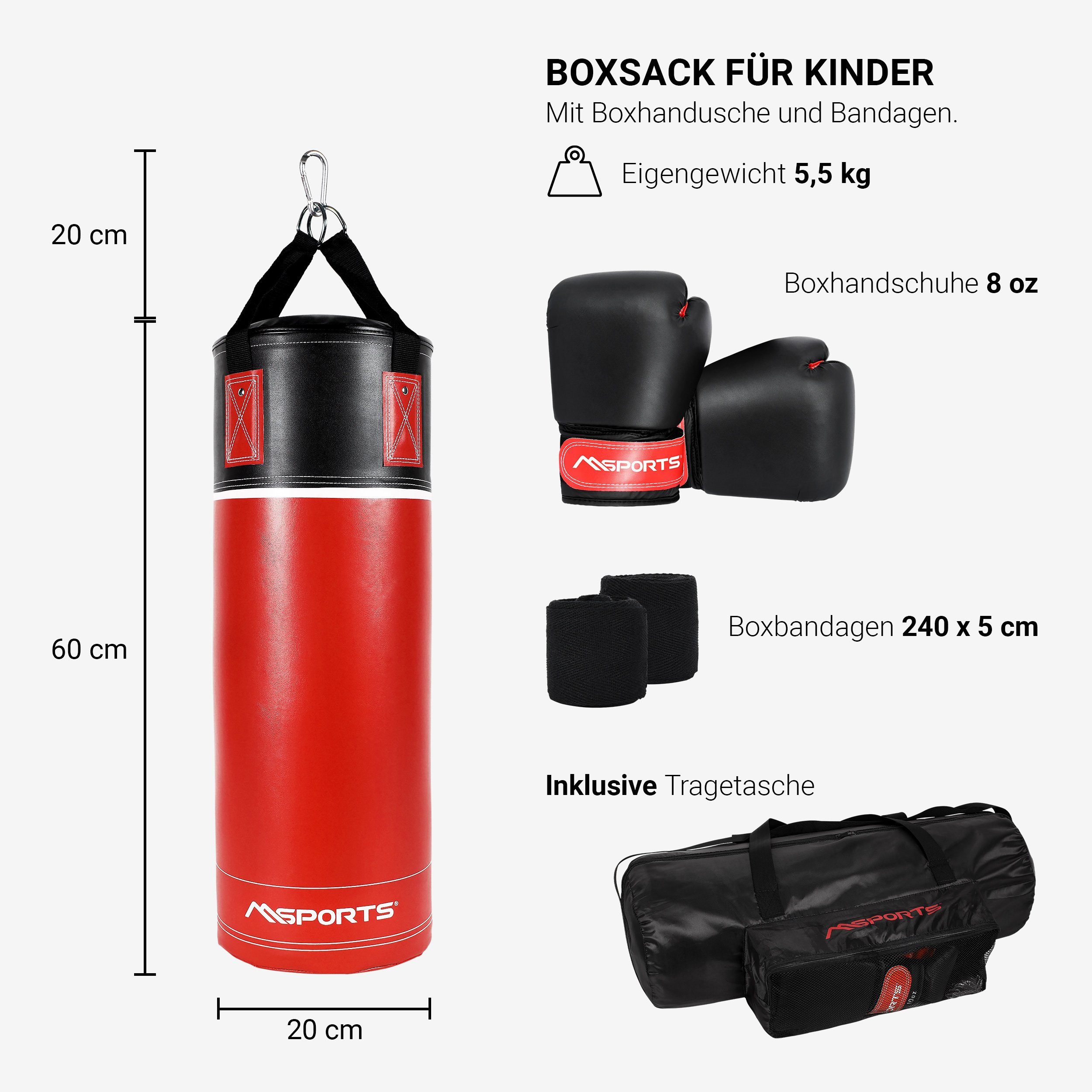 MSports® Boxsack Boxset Boxsack Set 5,5 kg für Kinder Professional inkl. Boxhandschuh und Tasche - Kids -