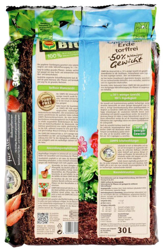 Compo Bio-Erde COMPO BIO, Universal torffrei, ca. 50% weniger Gewicht, mit Schafwolle, 30 Liter