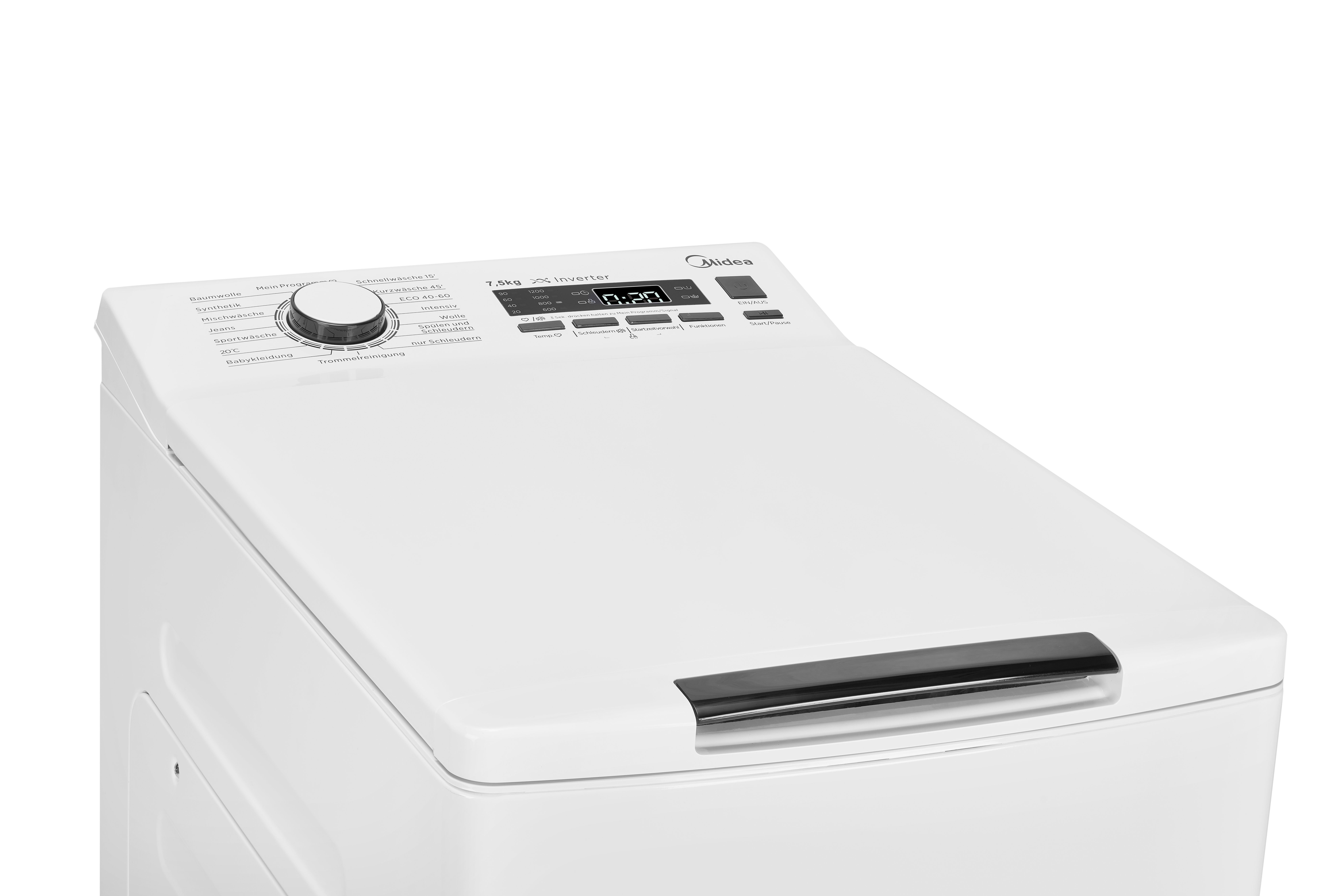 Midea Waschmaschine Toplader Serie 5 TW 5.72i diN, 7,5 kg, 1200 U/min, Soft Opener, XL Door, Trommelreinigung, AquaStop, Mein Programm