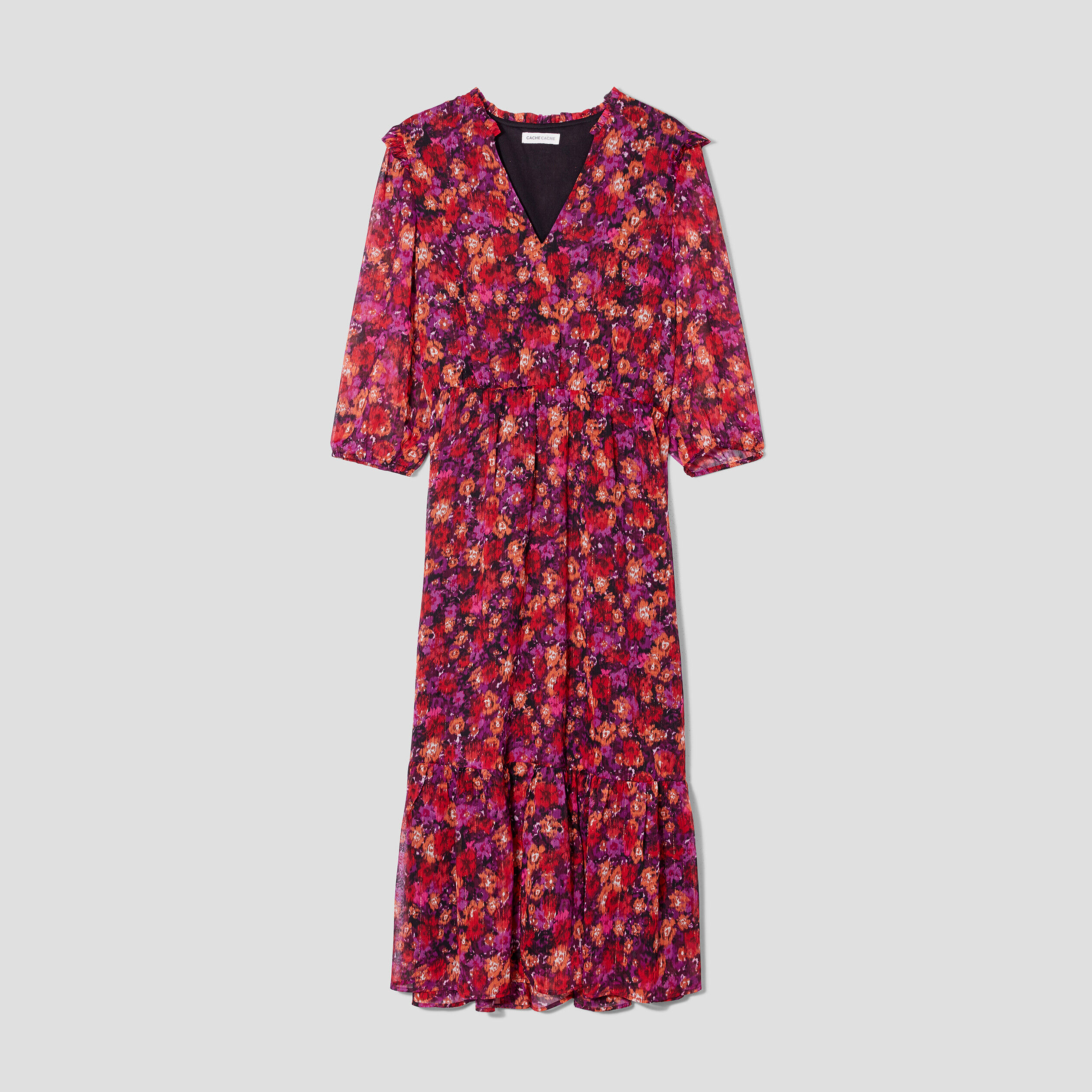 Robe longue évasée volantée rose fushia femme | Cache Cache