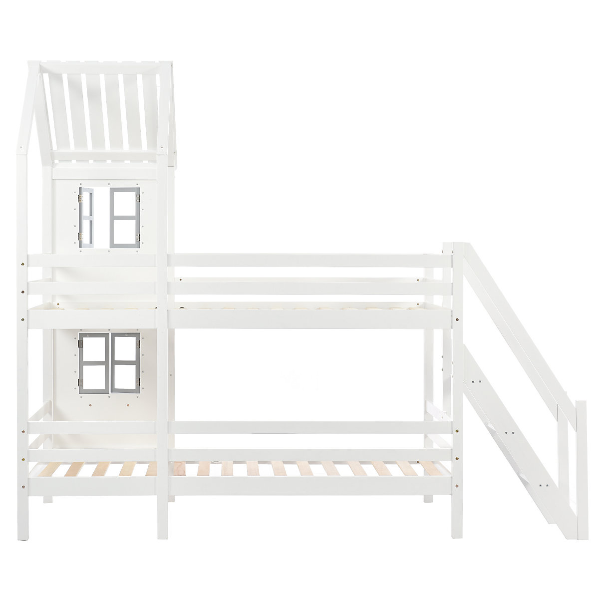Etagenbett mit Handlauf und Fenster, Hausbett, Fallschutz und Gitter, Kiefer