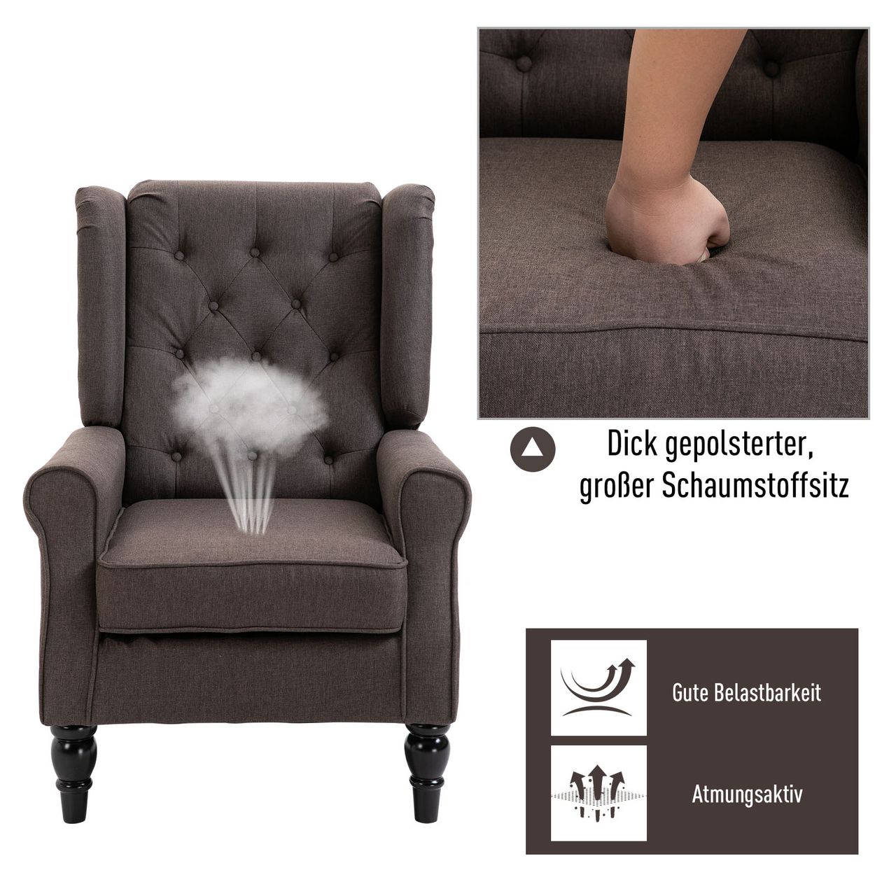 HOMCOM Einzelsessel Relaxsessel Einzelstuhl mit Tufting Holzfüße Polyester Braun 76 x 86 x 108 cm