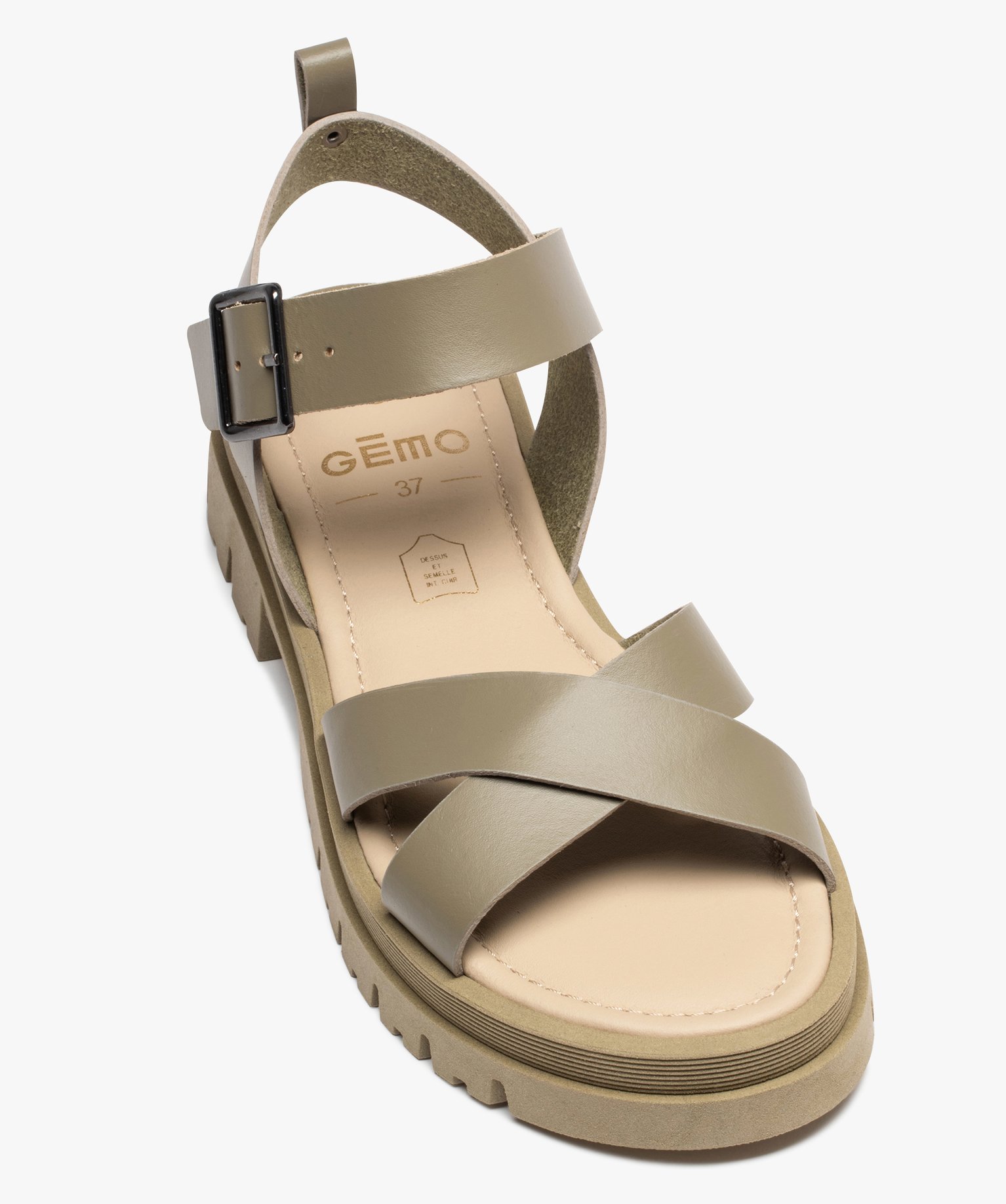 Sandales femme unies en cuir à épaisse semelle crantée kaki | GEMO