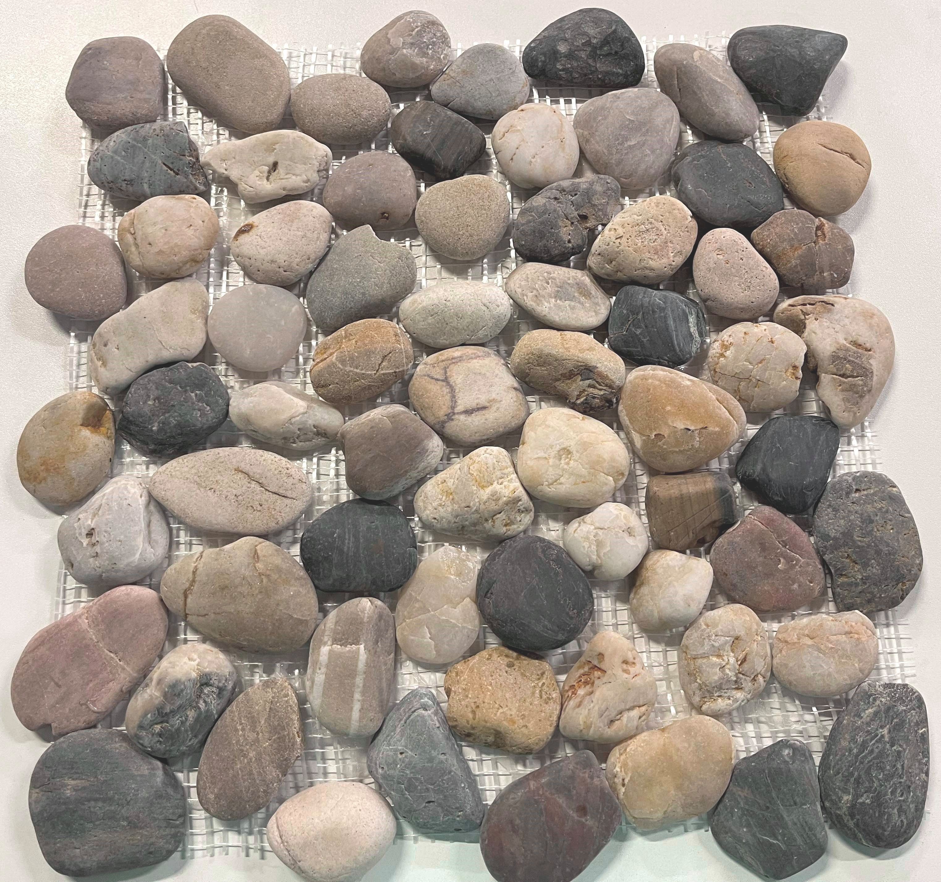 Mosani Mosaikfliesen Flußkiesel gewölbt beige grau schwarz creme anthrazit Duschwand Küche
