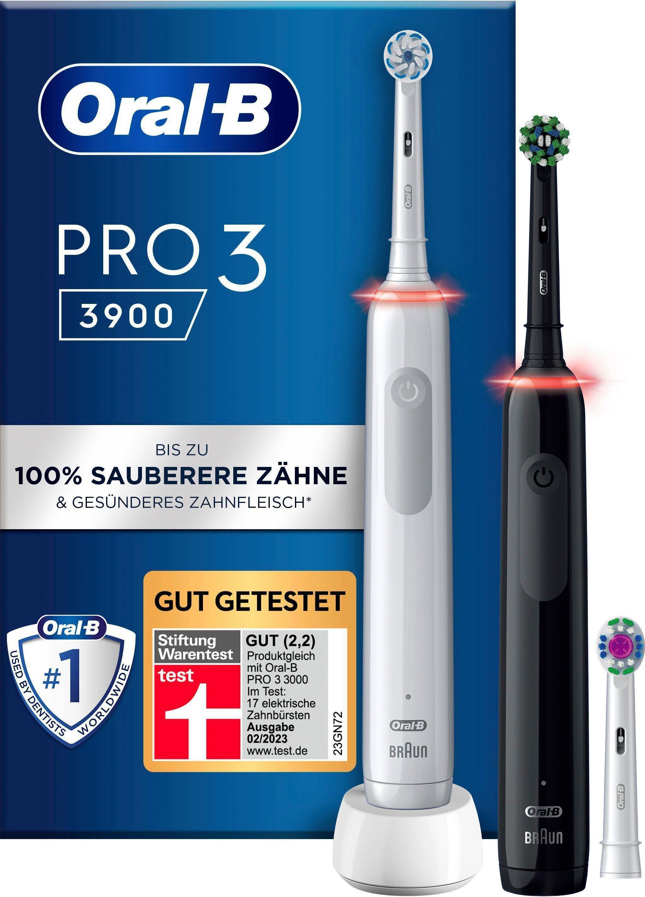 Oral-B Elektrische Zahnbürste Pro 3 3900, Aufsteckbürsten: 3 St., Doppelpack 3 Putzmodi