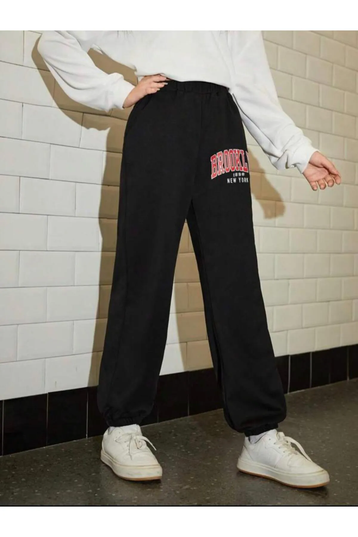 My Blog  Schwarze Brookyln-bedruckte Damen-Jogginghose mit elastischem Bund und Beinen