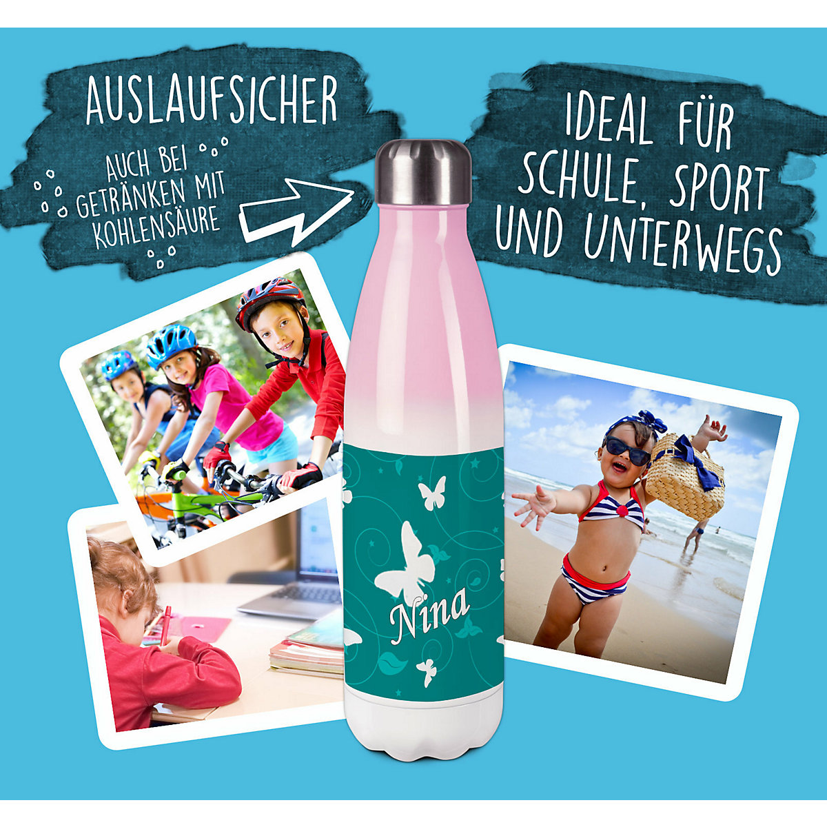 Edelstahl Kinder Thermoflasche / Trinkflasche bunt Schmetterling Ornamente Farbe petrol Spülmaschinenfest, Auslaufsicher, Bruchfest, Doppelwandig, Für Heißgetränke geeignet, Mit Deckel, Isoliert