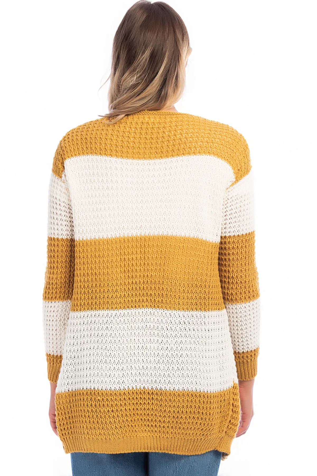 Şans  Damen-Cardigan in Senfgelb mit durchbrochenem Strick, groß, bunt, 65n14876
