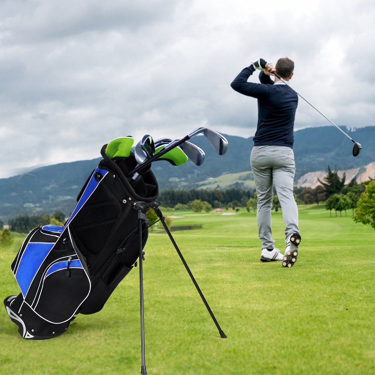 COSTWAY Golftrolley + Golfbag, mit Ständer, Regenschirmhalter