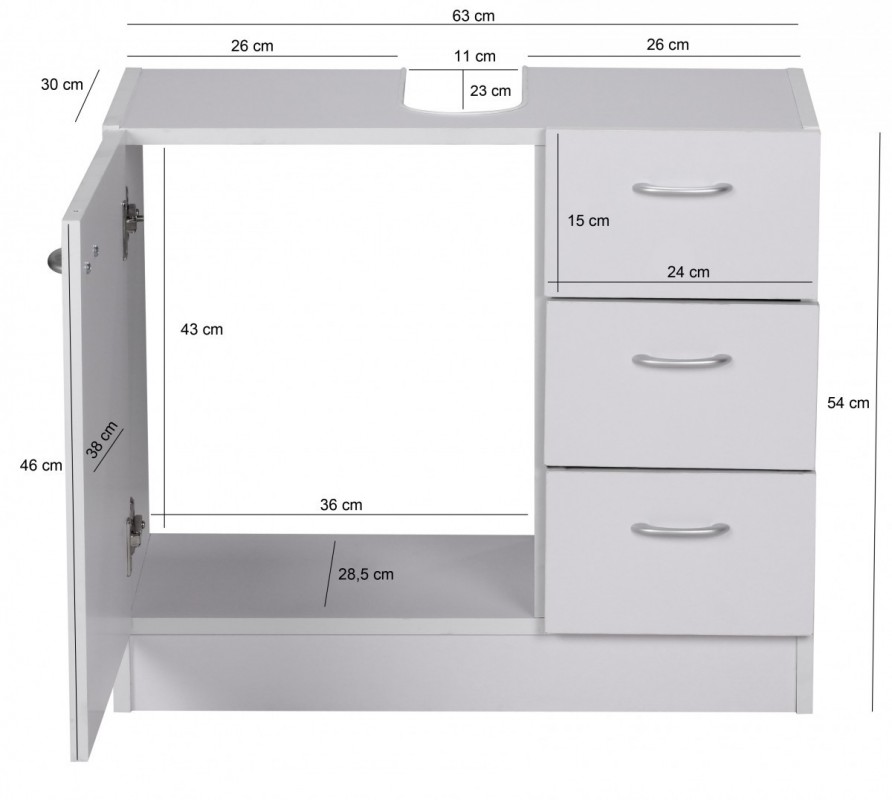 Wohnling Bad Waschbecken Unterschrank 54 x 63 x 30 cm 1 Tür, 3 Schubladen, weiß