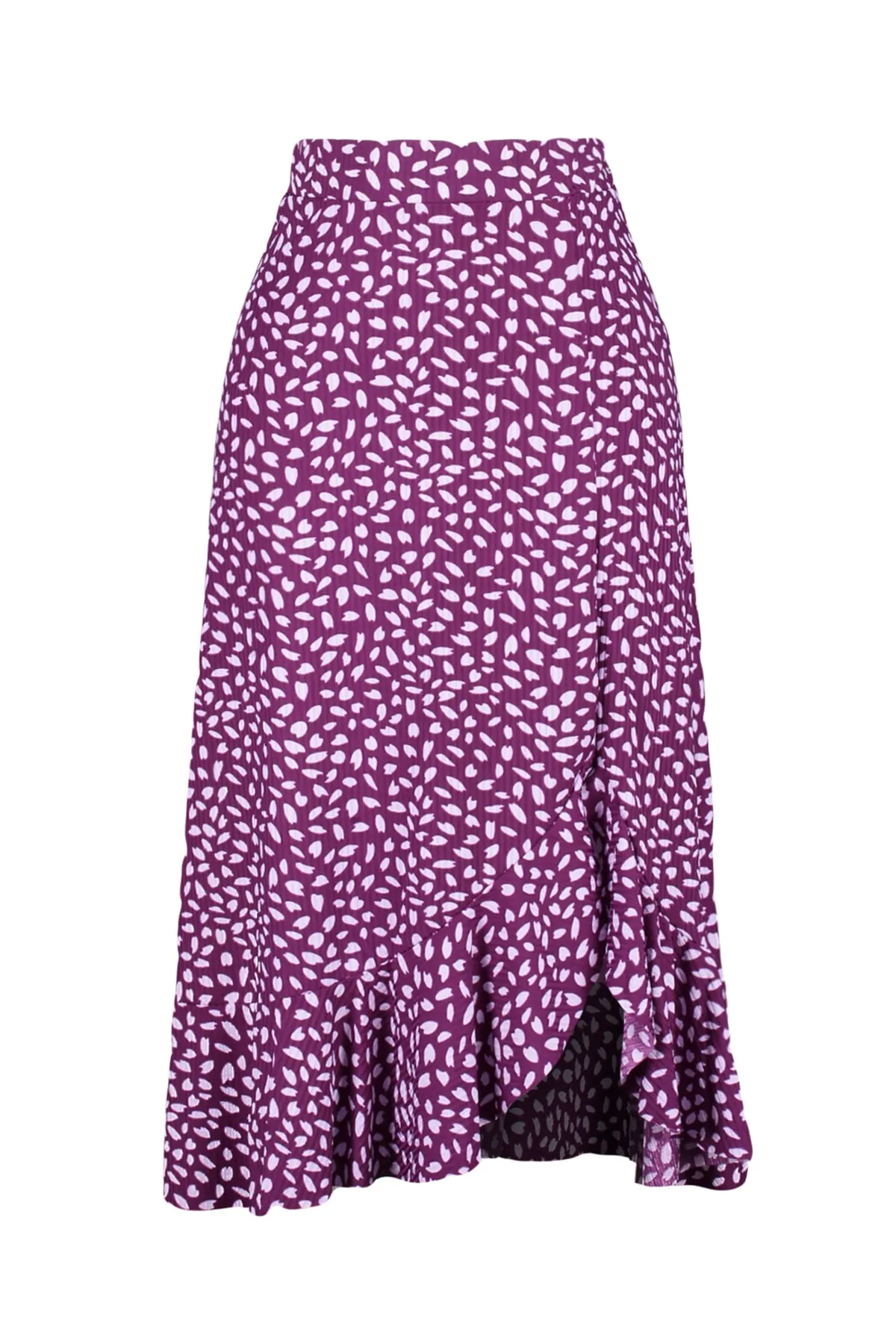 Trendyol Collection  Lila bedruckter High-Waist-Midirock aus Stretch-Strick mit Raffung und Volant TWOSS21ET0029