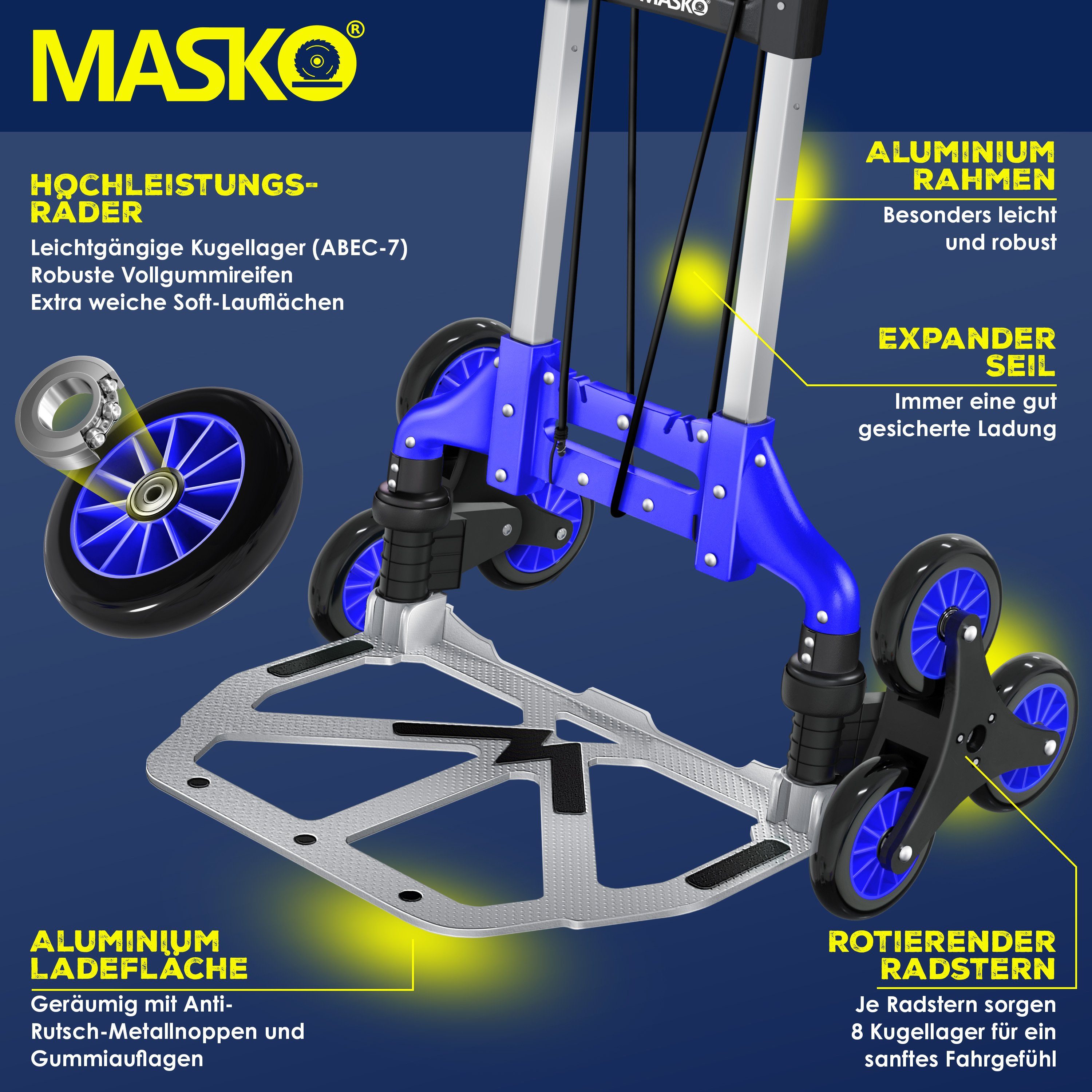 MASKO Sackkarre, Stufen-Sackkarre Treppenkarre Klappbar 80 kg Tragkraft 3x3
