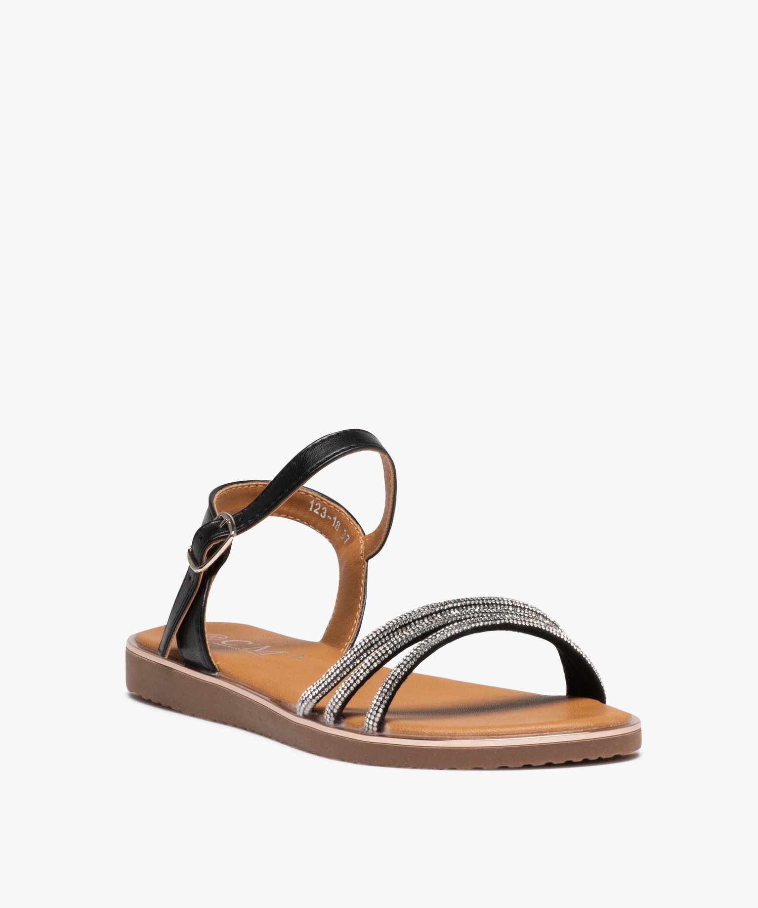 Sandales femme plates avec brides tubulaires à strass noir | GEMO