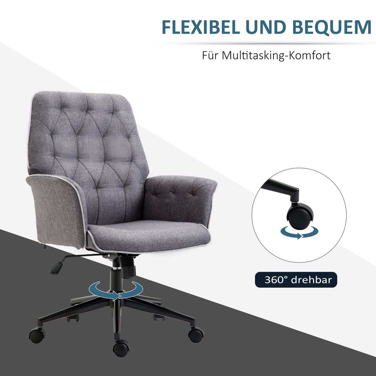 HOMCOM Bürostuhl mit Wippfunktion Drehstuhl Home-Office-Stuhl höhenverstellbarer Schreibtischstuhl ergonomisch 360°-Drehräder Schaumstoff Dunkelgrau 66 x 69 x 89,5-97 cm