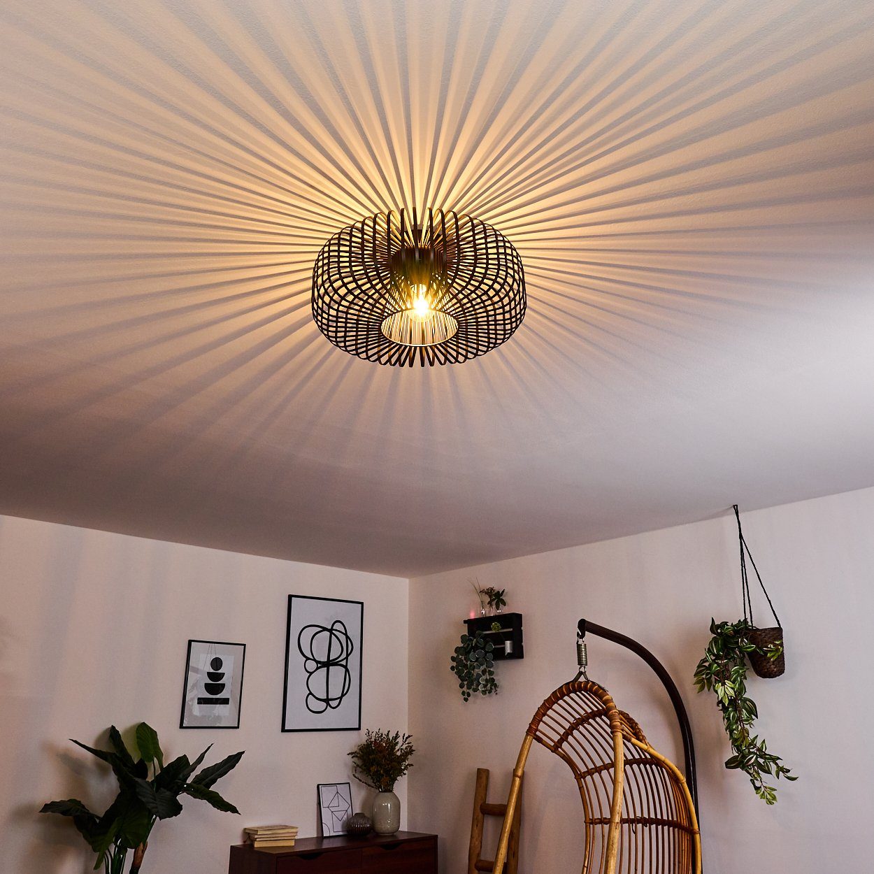 hofstein Deckenleuchte Pieris runde Deckenlampe aus Metall in Schwarz, ohne Leuchtmittel, E27, Retro-Leuchte mit Lichteffekt durch Gitter-Optik
