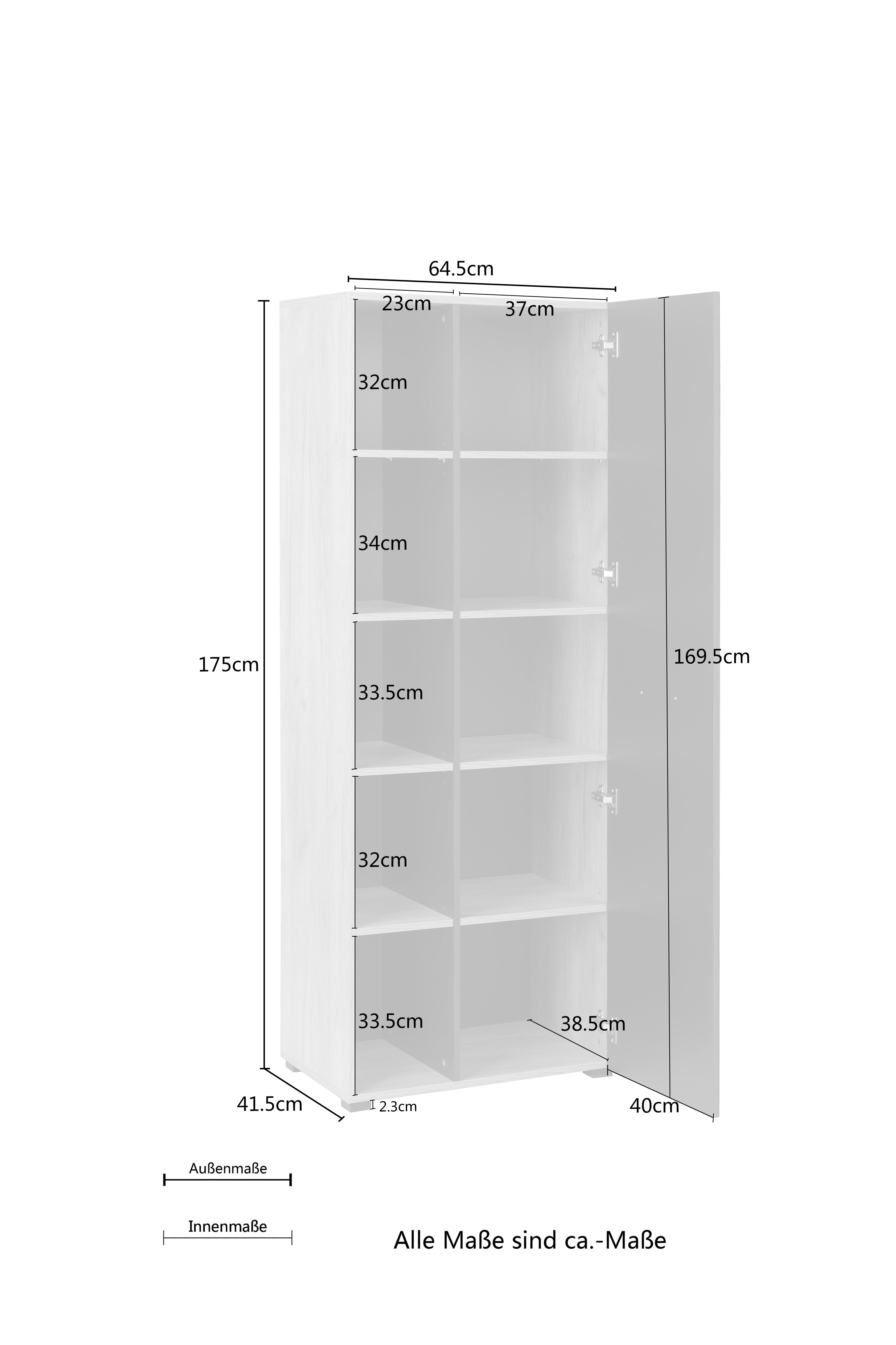 Places of Style Aktenschrank Moid, moderner Mehrzweckschrank, Maße: 64,5x41,5x175 cm, 5 Fächer mit viel Stauraum