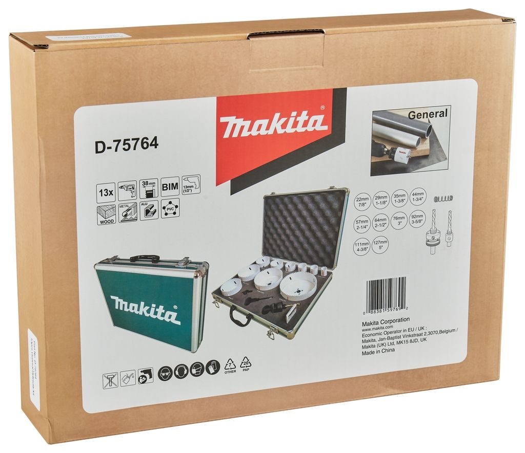„Makita“ priedai D-75764 skylių pjūklų rinkinys, 13 dalių, 22/29/35/44/57/64/76/92/111/127 mm, medienai/metalui, aliuminio lagamine