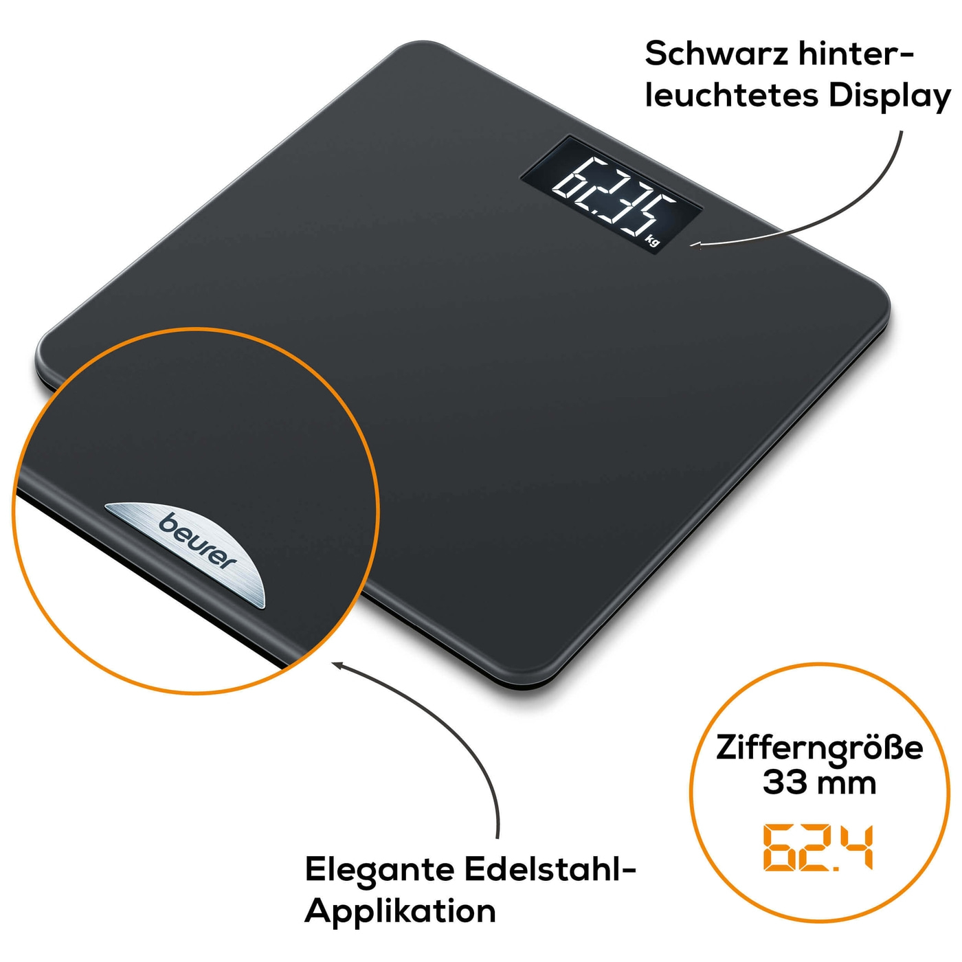 Beurer Personenwaage PS 240-Personenwaage mit gummierter Trittfläche & beleuchtetem Schwarzdisplay - bis 180 kg