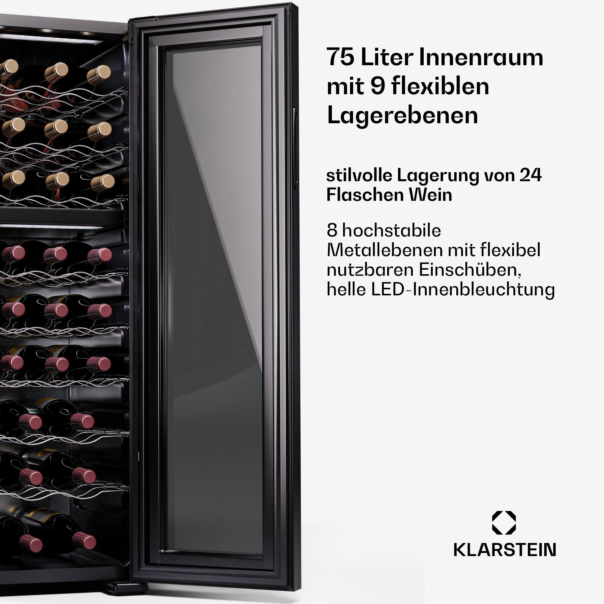 Klarstein Weinkühlschrank Shiraz 24 Duo, für 24 Standardflaschen á 0,75l,Wein Flaschenkühlschrank Weintemperierschrank Weinschrank Kühlschrank