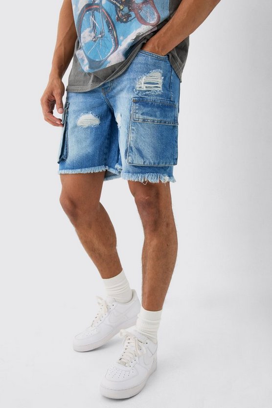 Zerrissene Slim-Fit Jeansshorts mit Cargo-Taschen