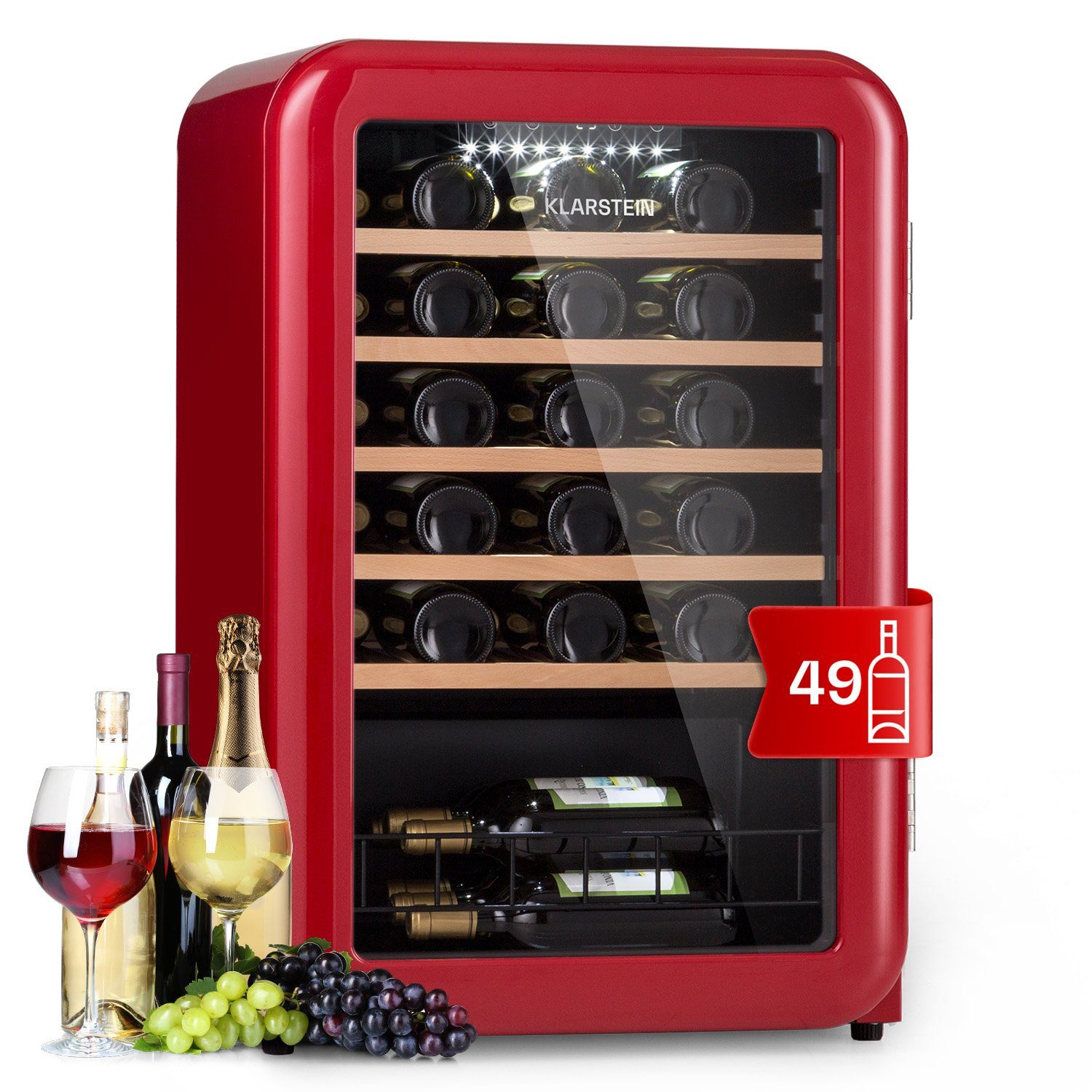 Klarstein Weinkühlschrank Vinetage 49 Uno, für 49 Standardflaschen á 0,75l,Flaschenkühlschrank Weintemperierschrank Weinschrank Kühlschrank Retro