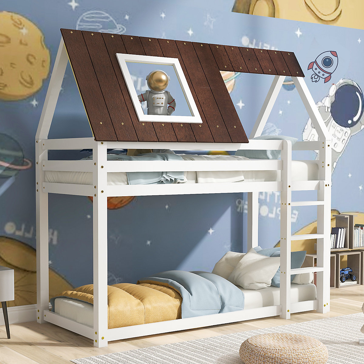 Hausbett Etagenbett mit rechtwinkliger Leiter und Fallschutz, aus Kiefernholz