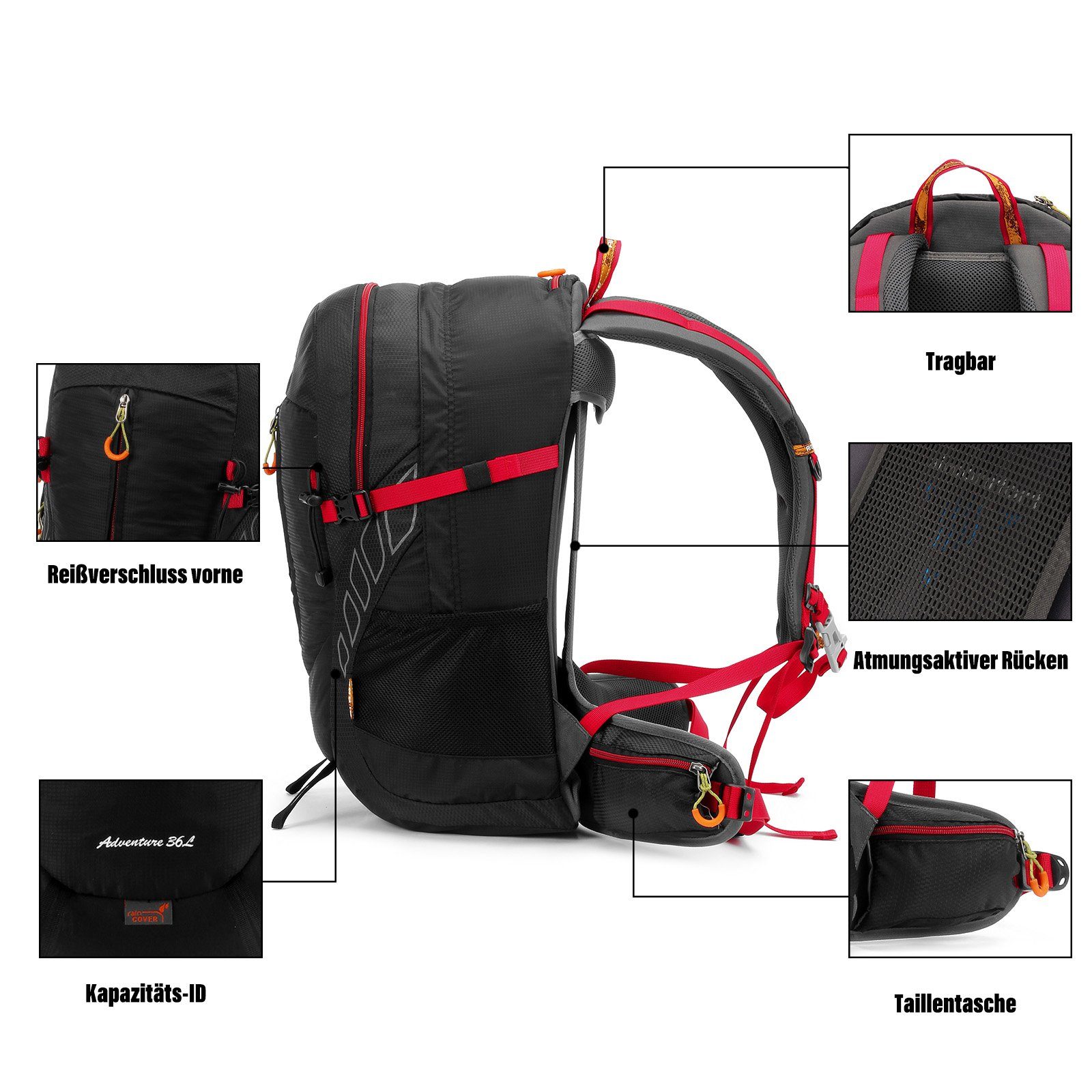 TAN.TOMI Wanderrucksack 36L Großer Wanderrucksack mit Rückenbelüftung, Wasserdicht (Einschließlich Regenschutz), mit Regenschutz für Outdoor Reisen Camping Trekking
