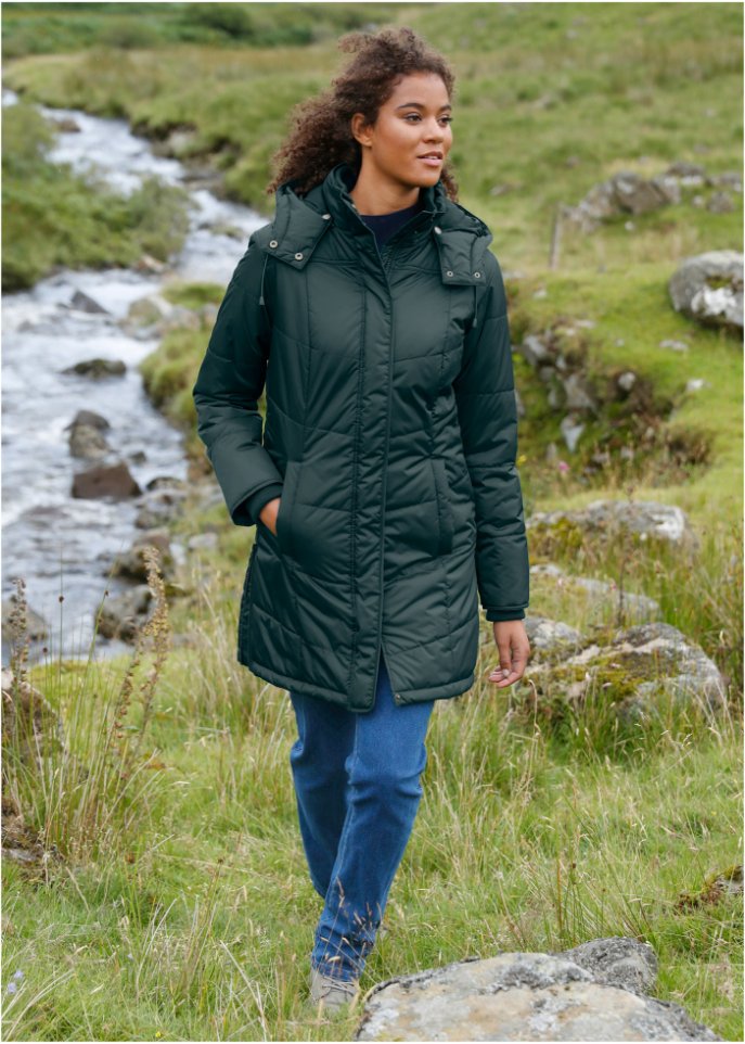 Long-Steppjacke, wattiert mit Kragen und Kapuze