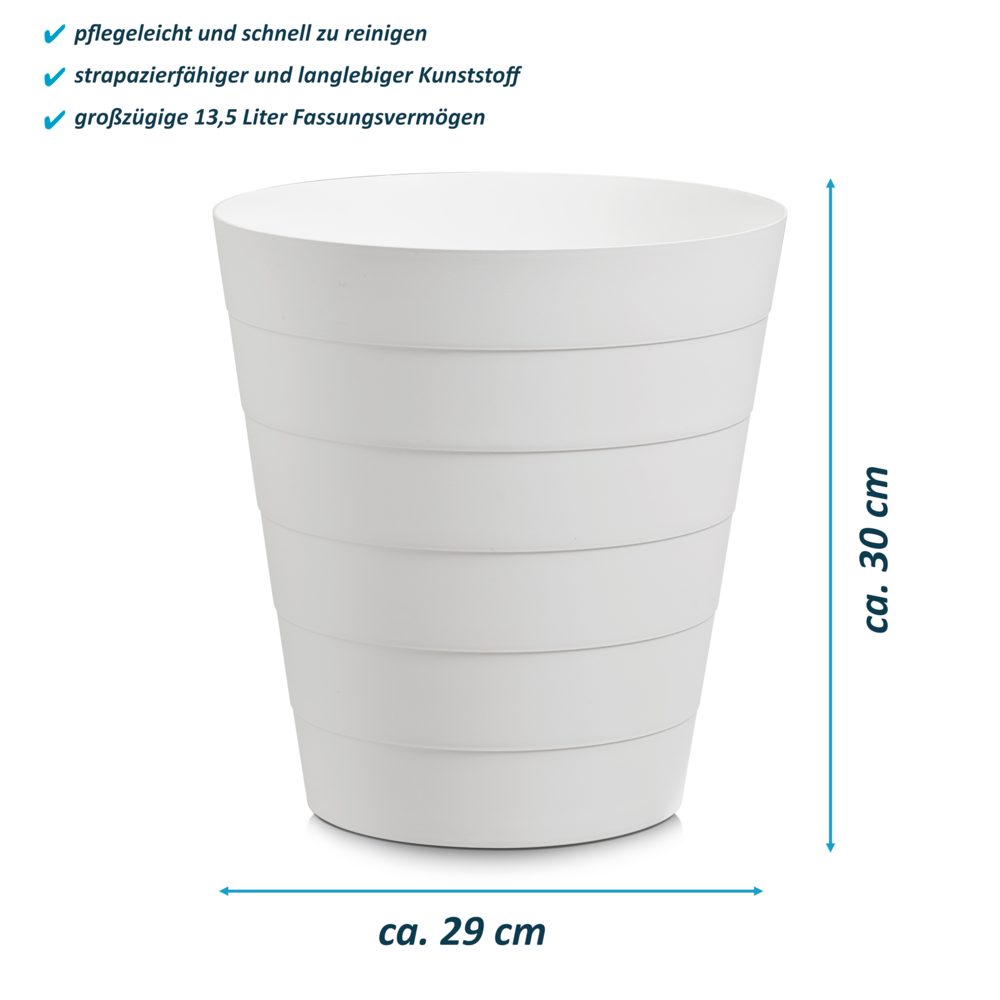 Basera® Mülleimer Papierkorb für Büro, Bad, Jugendzimmer & Kinderzimmer, 13,5 Liter, 29 x 29 x 30 cm, Kunststoff, rund, weiß