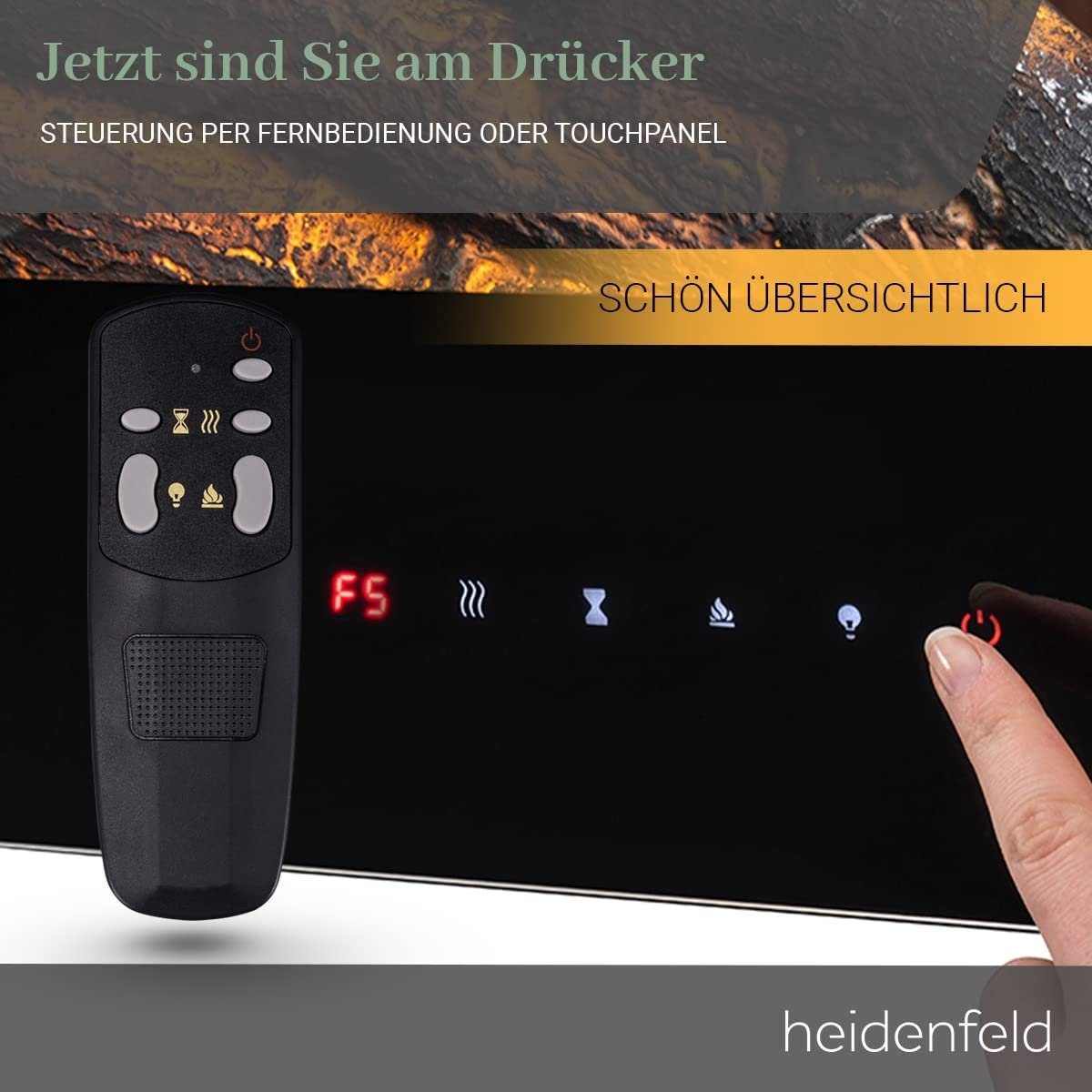 Heidenfeld Elektrokamin Kamin Heizung Wandkamin HF-WK200 750/1500 Watt inkl. 3 Jahre Garantie, 3D Flammen - 10 wählbare LED Farben - Fernbedienung - Elektroheizung