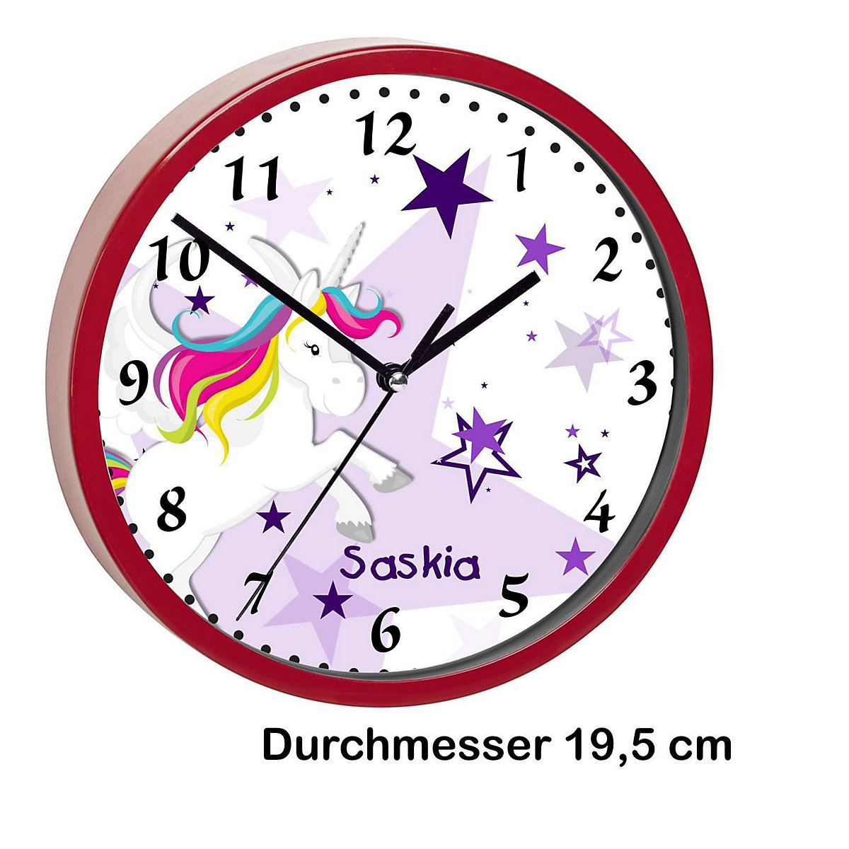 Kinder Wanduhr personalisiert mit Name Pegasus Sterne Lila
