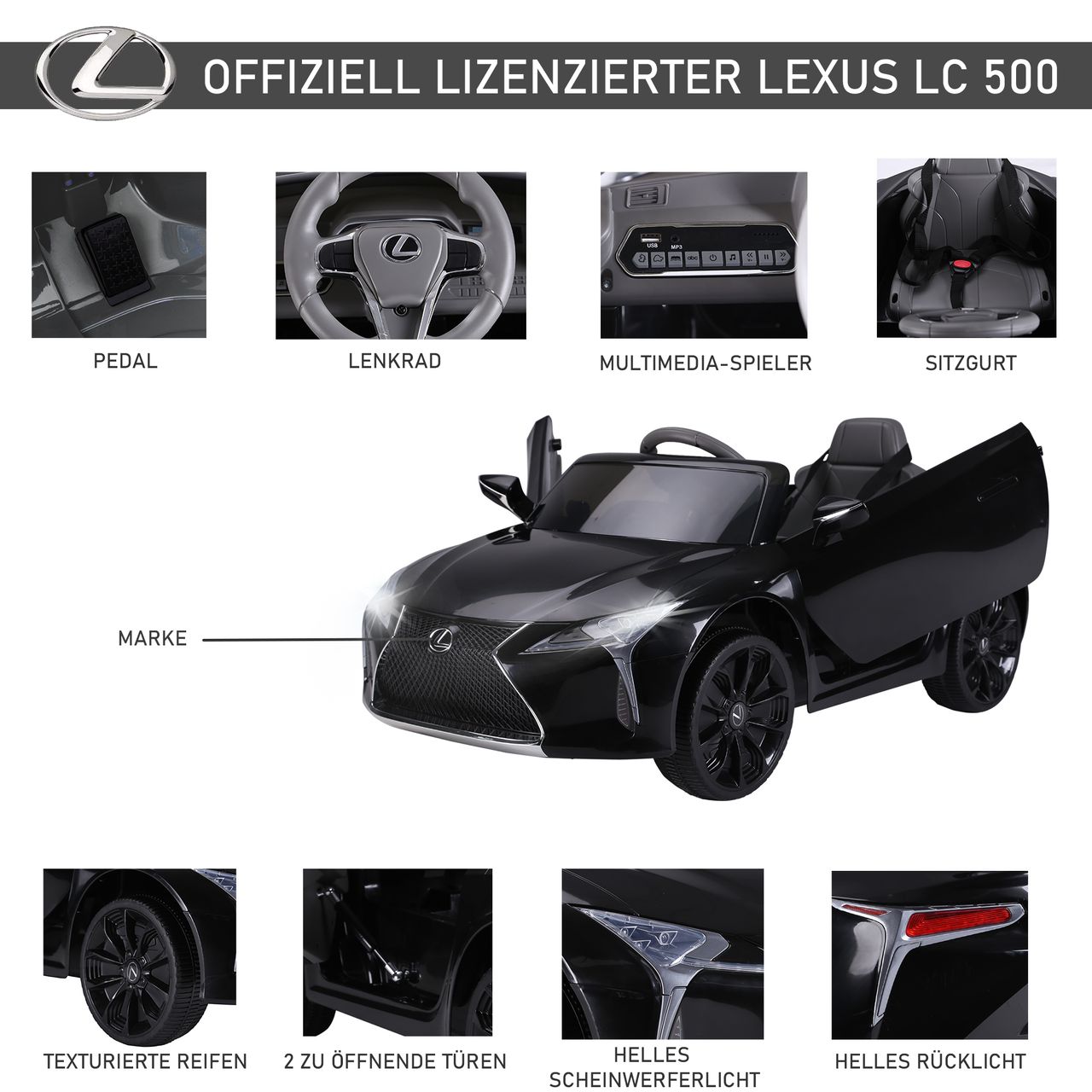 HOMCOM Kinderauto von Lexus Kinderfahrzeug Elektroauto mit MP3 Musik Schwarz