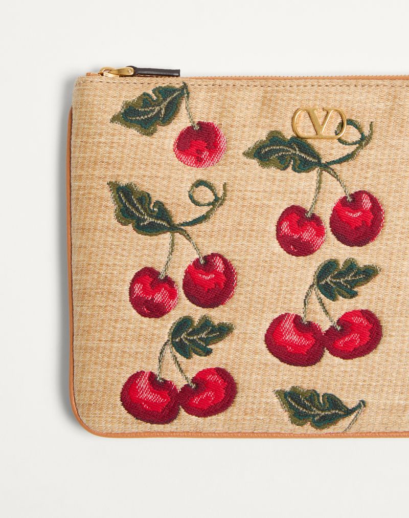 VLogo Signature Raffia Jacquard Clutch med Kirsebærmotiv