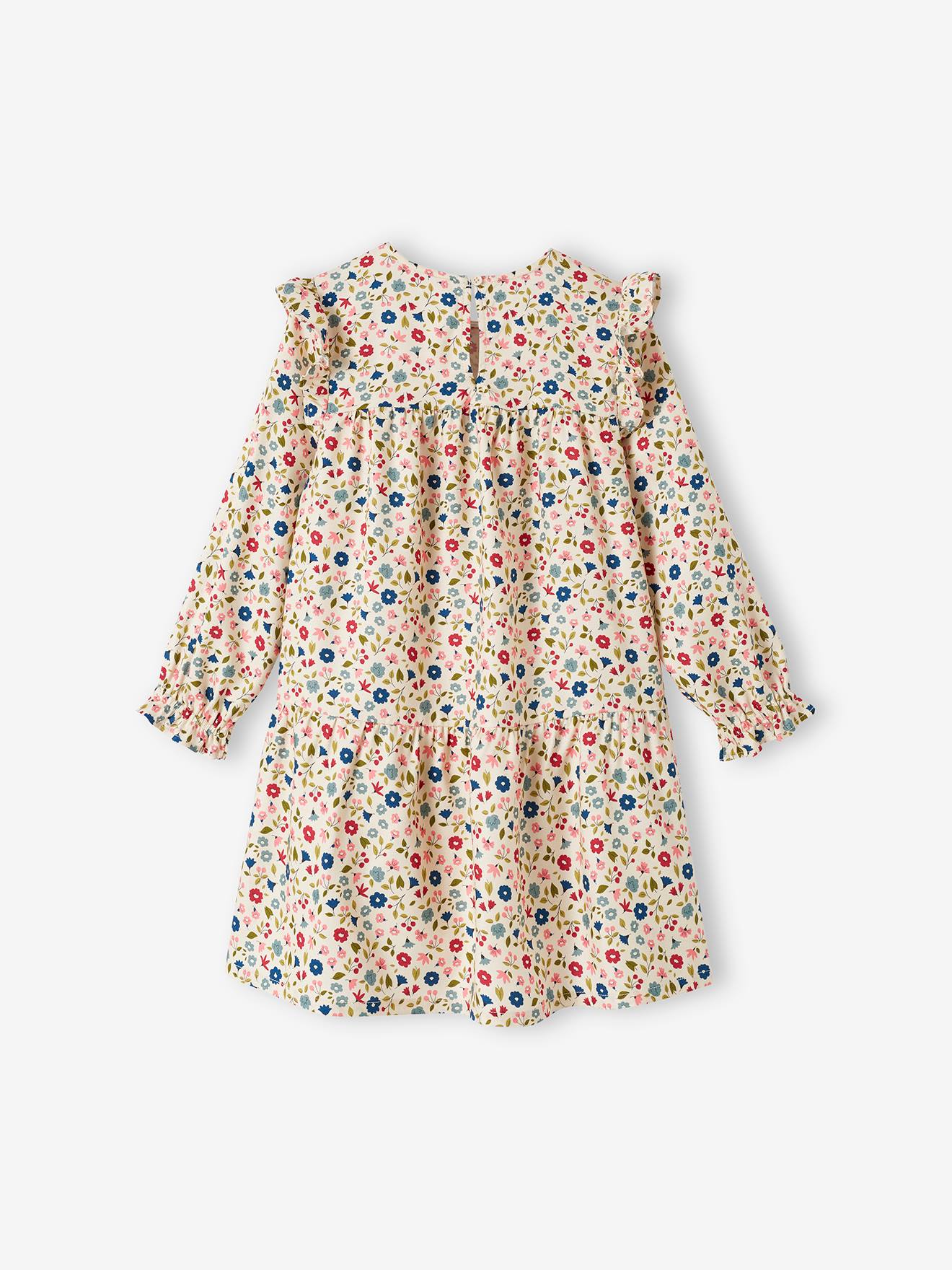 Robe imprimée fleurs manches volantées fille bleu nuit